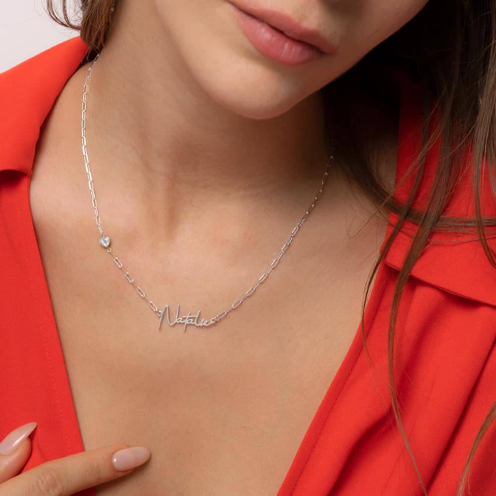 Signature Link Chain Name Necklace With Heart Diamond in Sterling Siilver