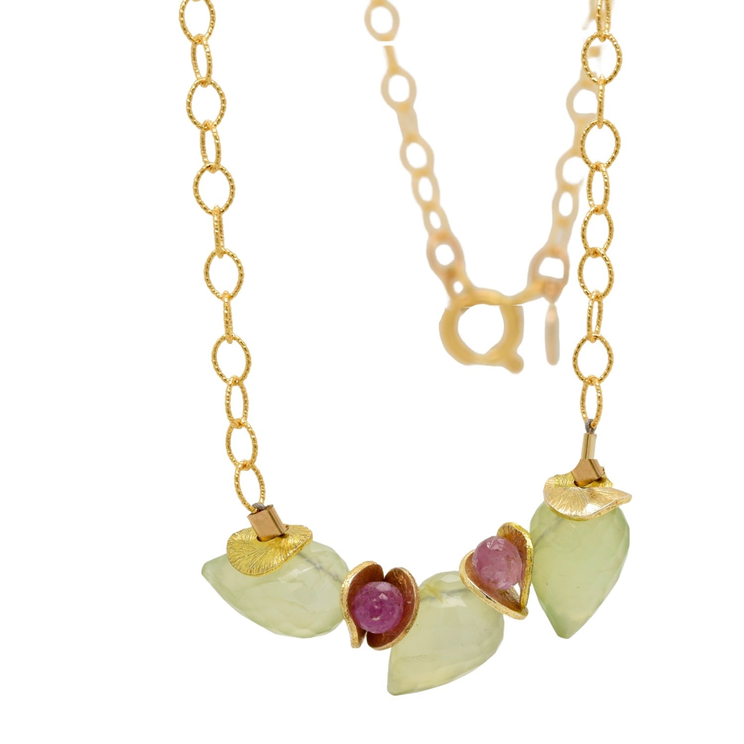 Signature Prehnite Bud With Pink Sapphire Gold Necklace