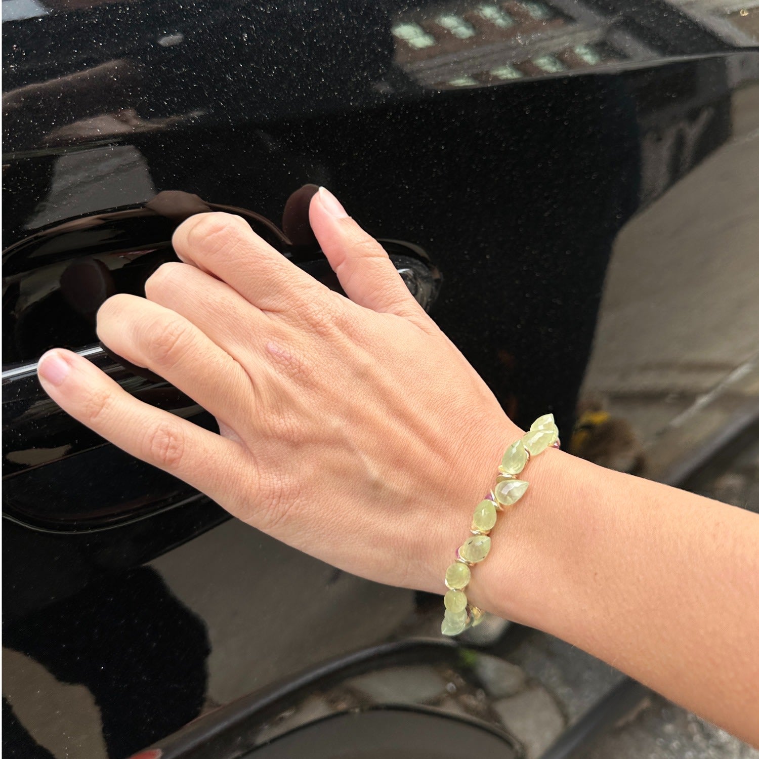 Signature Prehnite Herringbone With Pink Sapphire Gold Bracelet