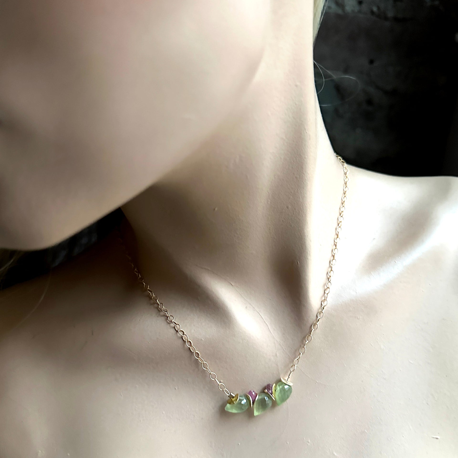Signature Prehnite Bud With Pink Sapphire Gold Necklace