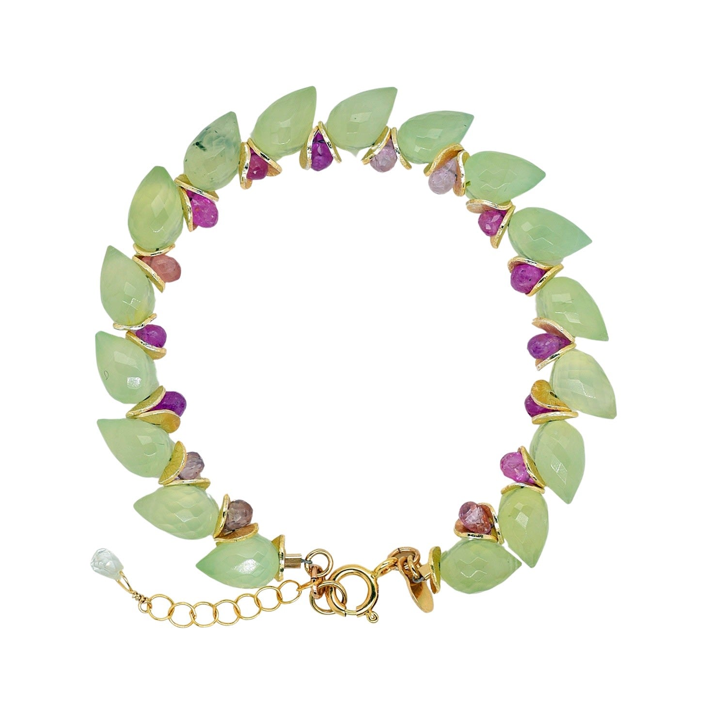 Signature Prehnite Herringbone With Pink Sapphire Gold Bracelet