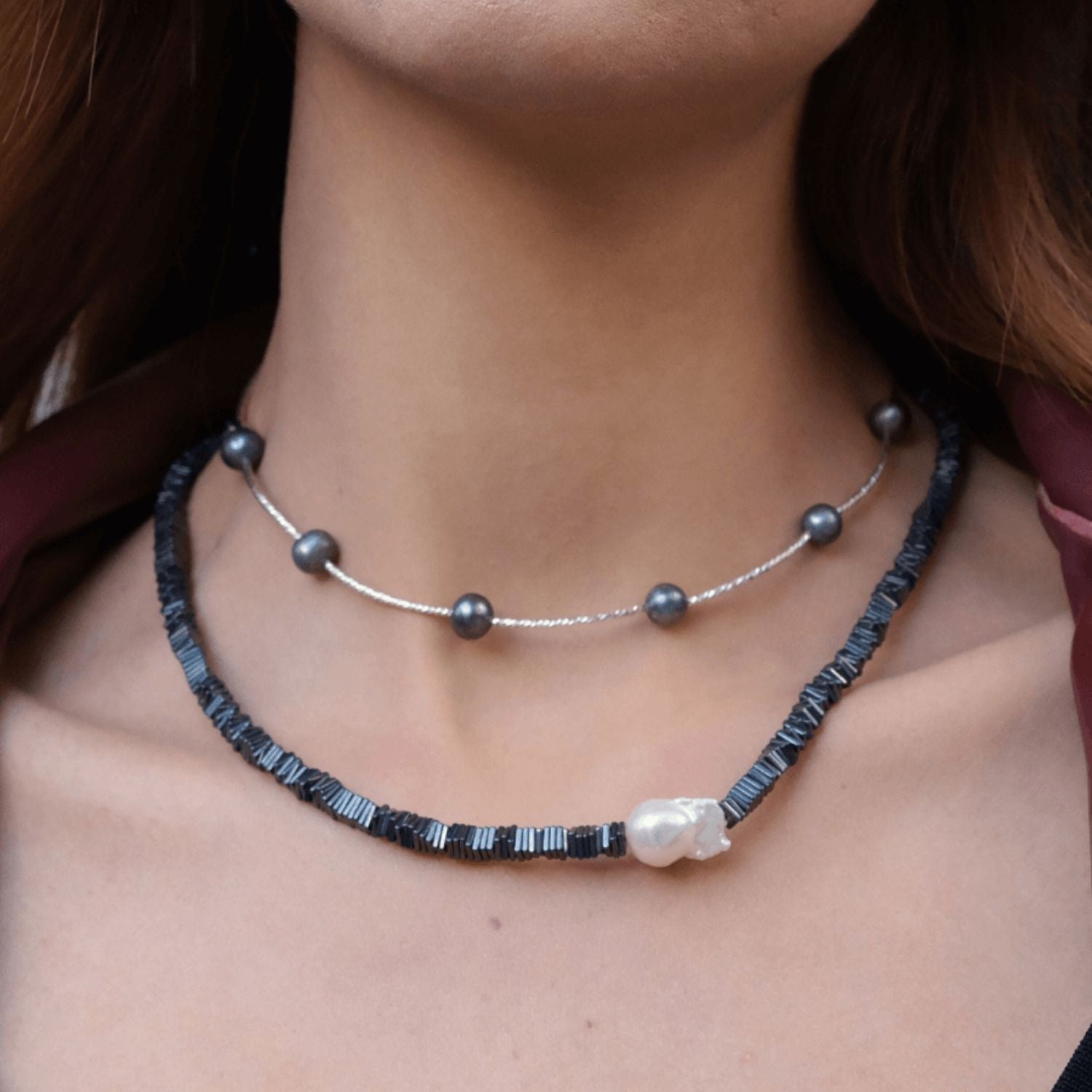 Silga Baroque Pearl Black Hematite Stone Necklace