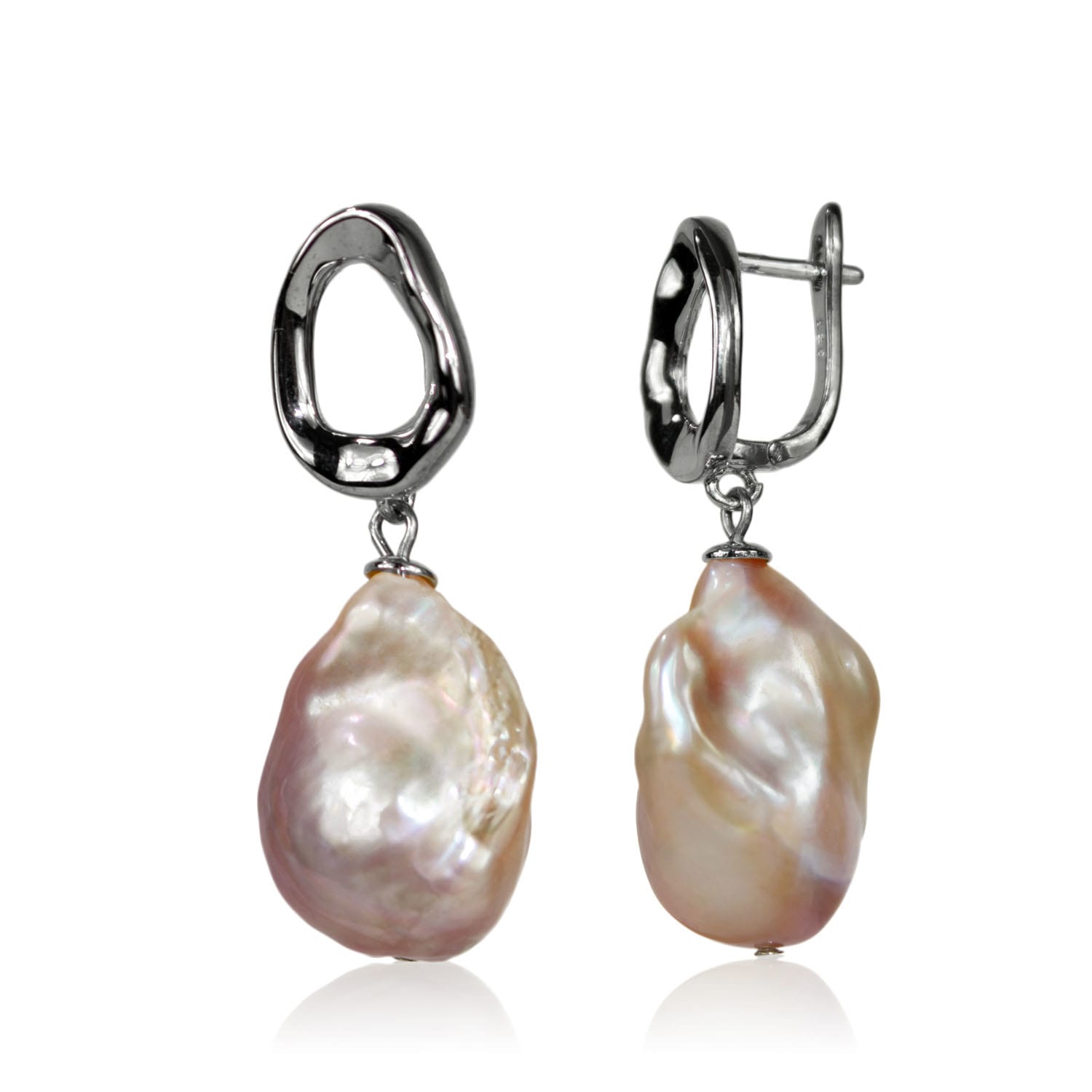 Silver Abstract Clasp Pink Baroque Teardrop Earrings