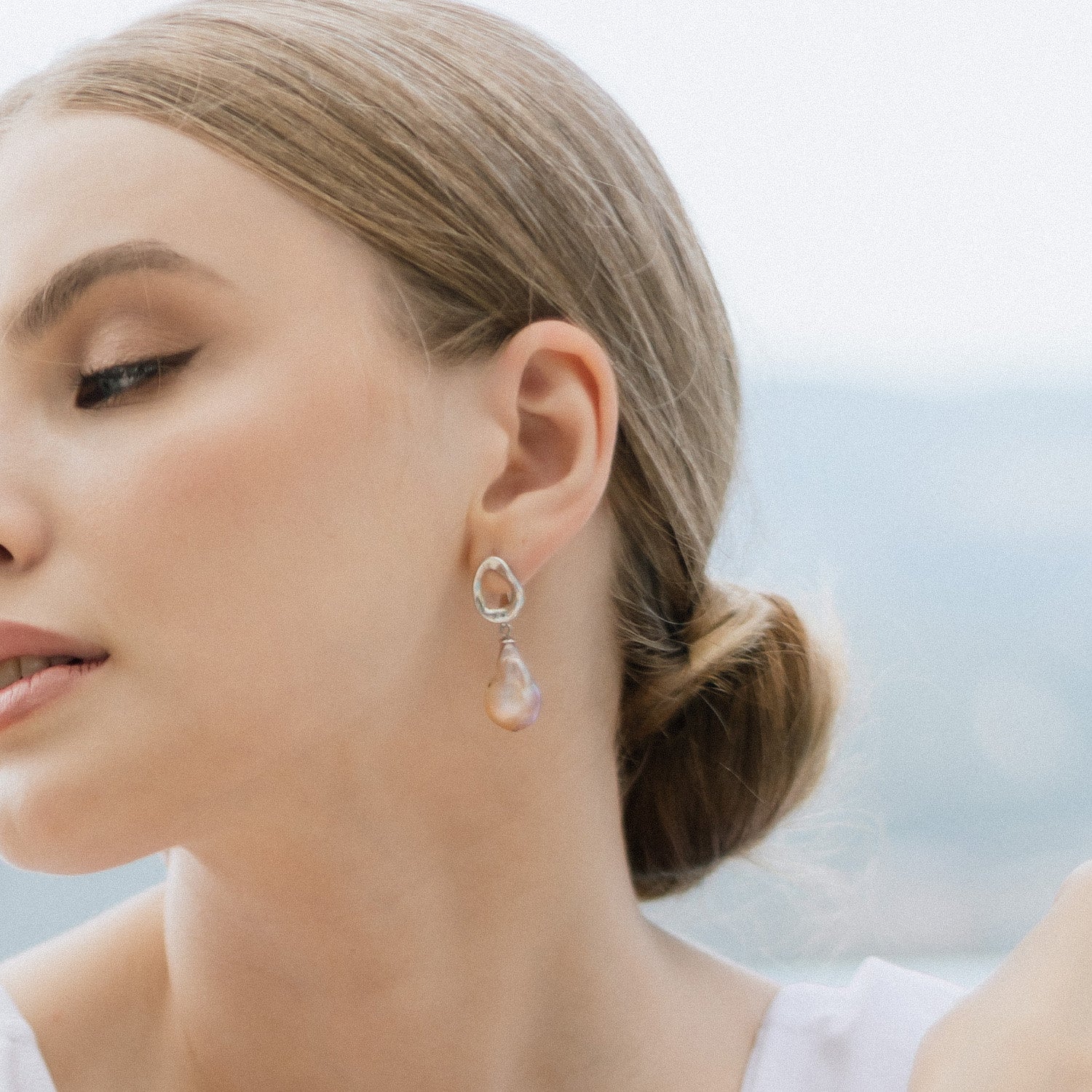 Silver Abstract Clasp Pink Baroque Teardrop Earrings