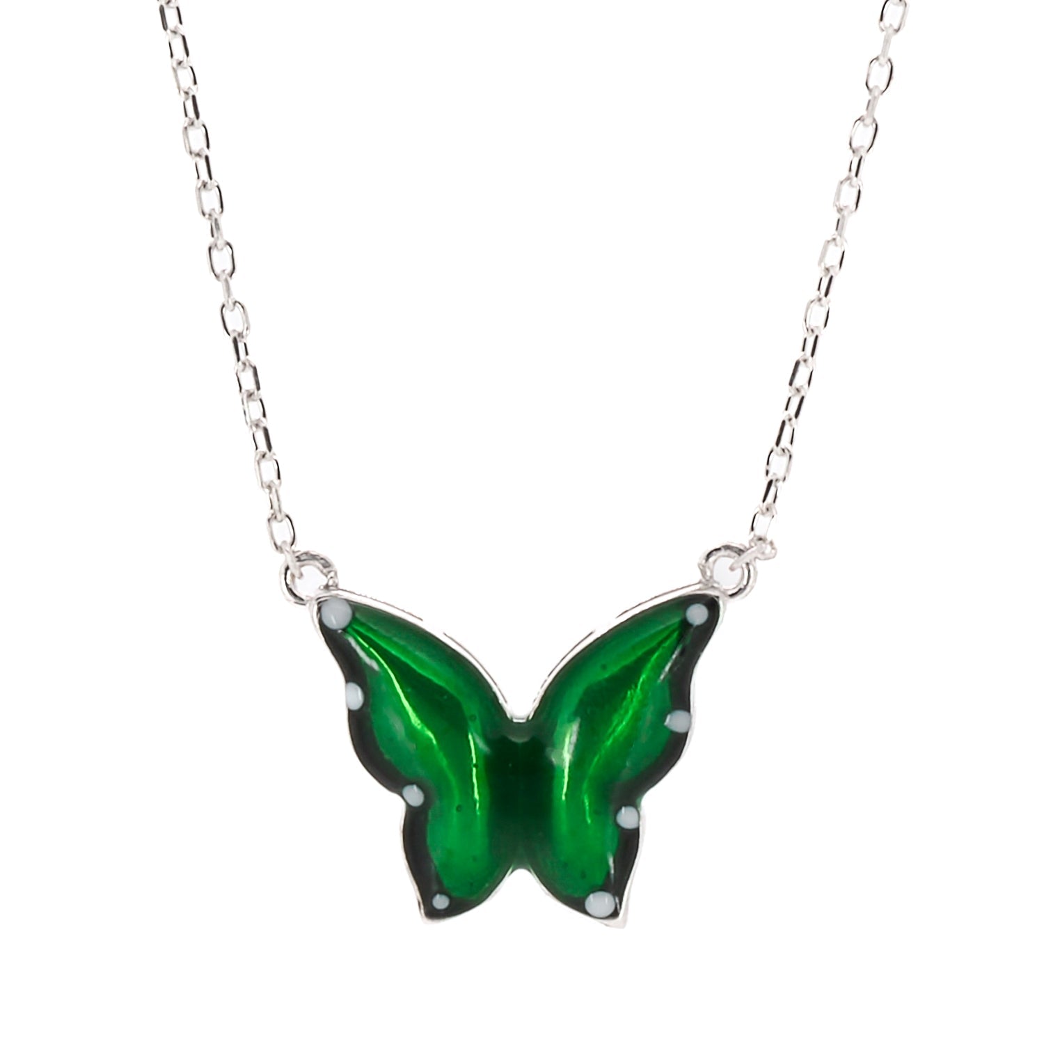 Silver Abundance Green Enamel Butterfly Necklace - Green