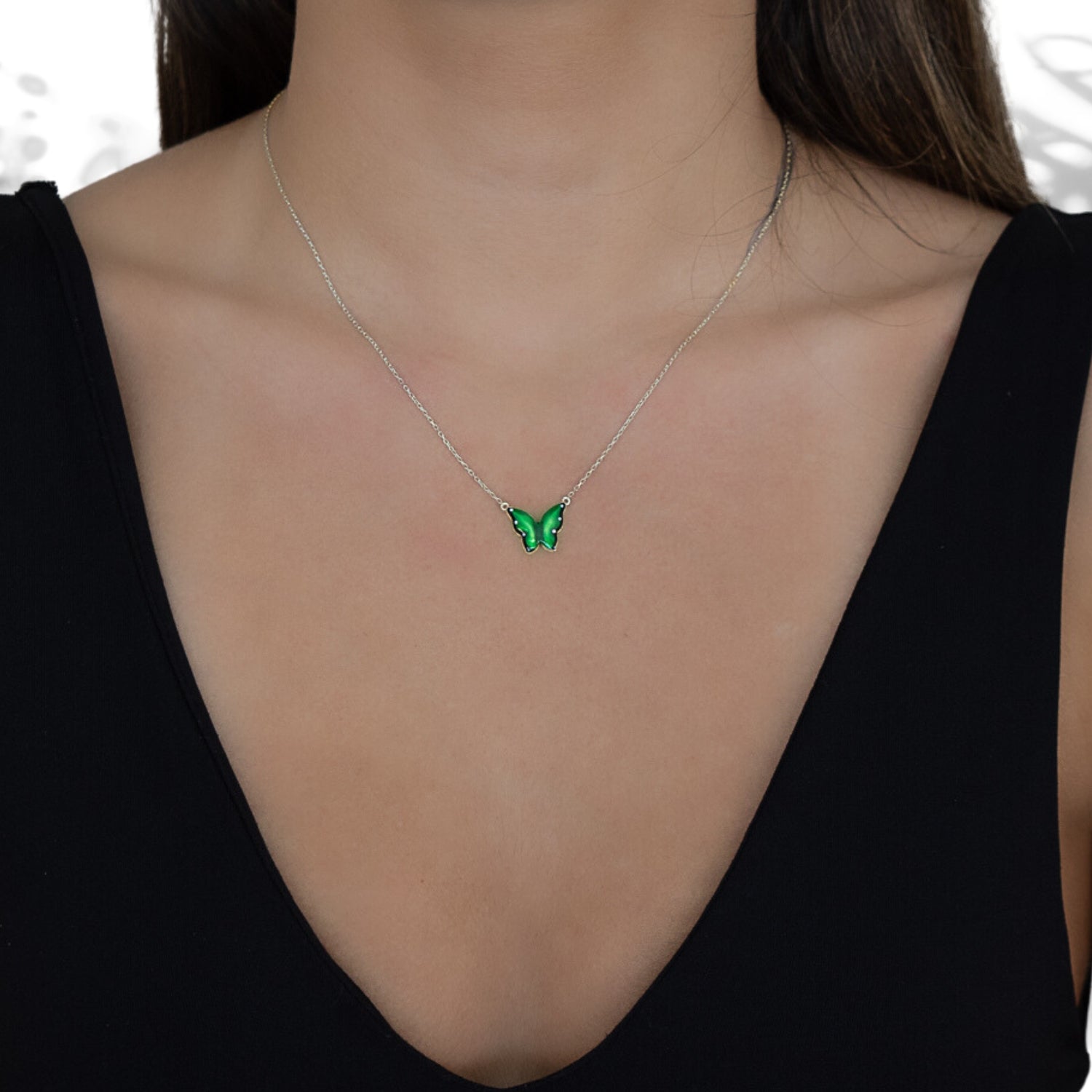 Silver Abundance Green Enamel Butterfly Necklace - Green