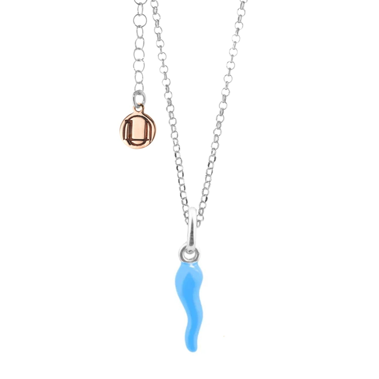 Silver And Sky Blue Enamel Cornicello Necklace – Italian Handmade Good Luck Charm