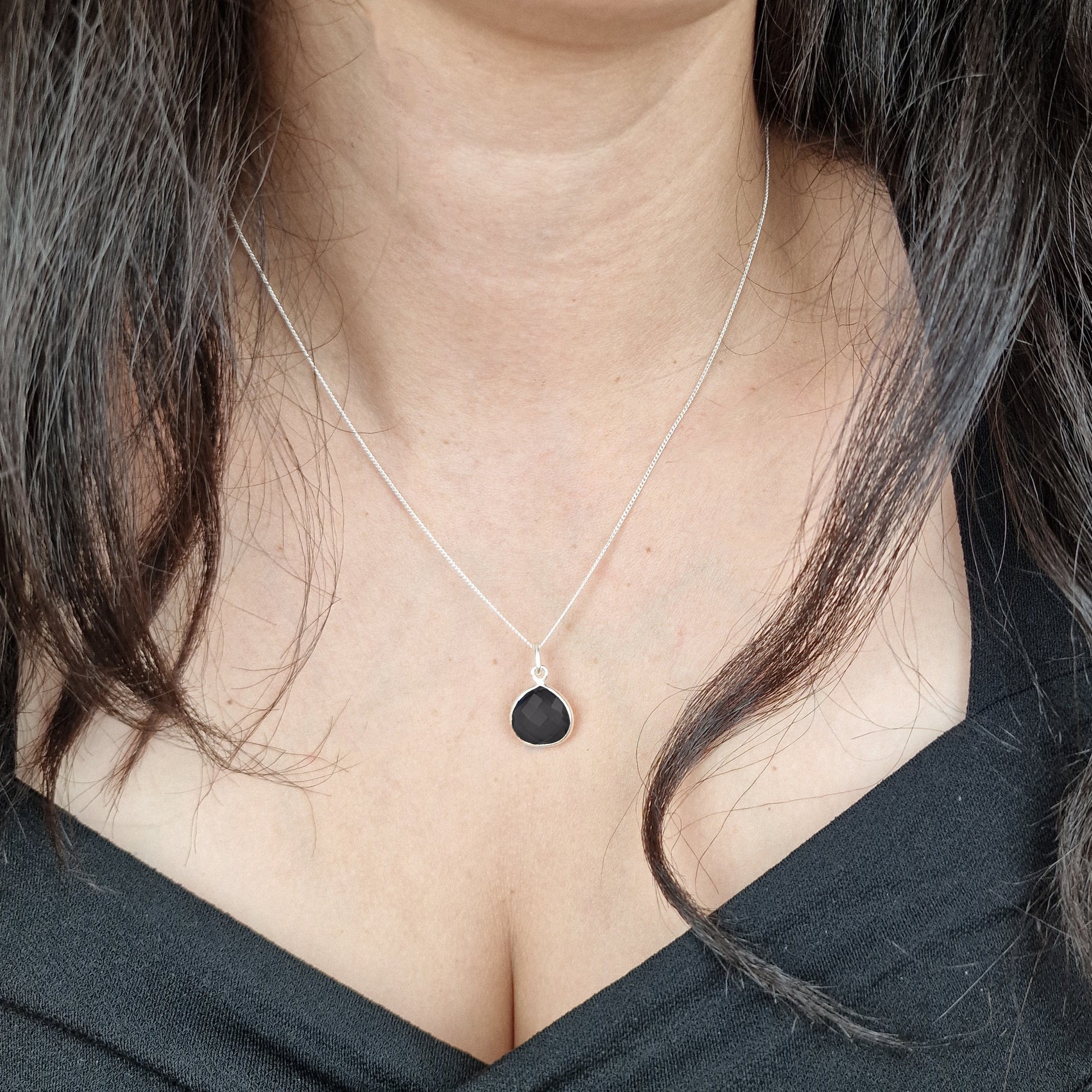 Sterling Silver Black Onyx Gemstone Heart Pendant Necklace