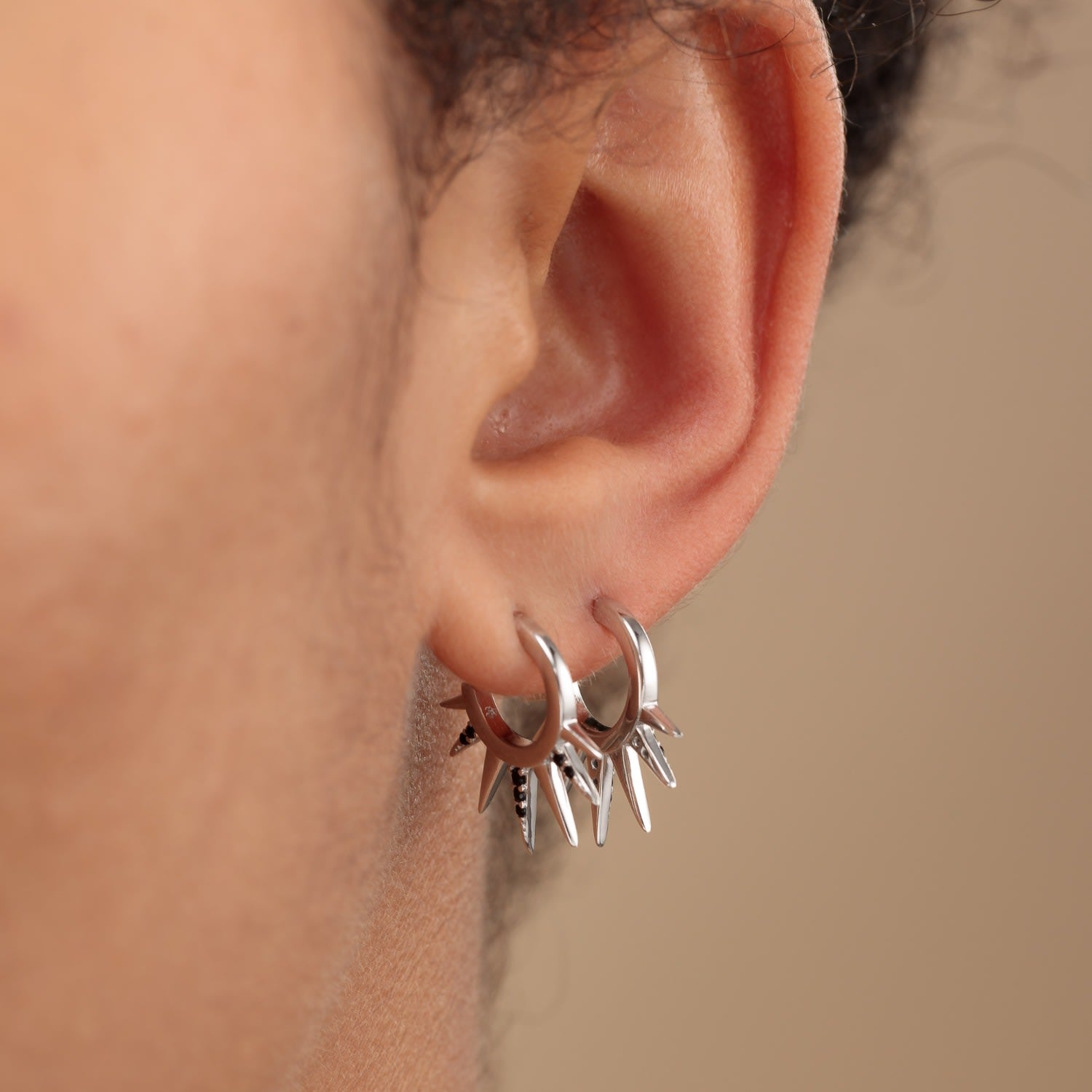 Silver Black Sun Spike Hoop Earrings