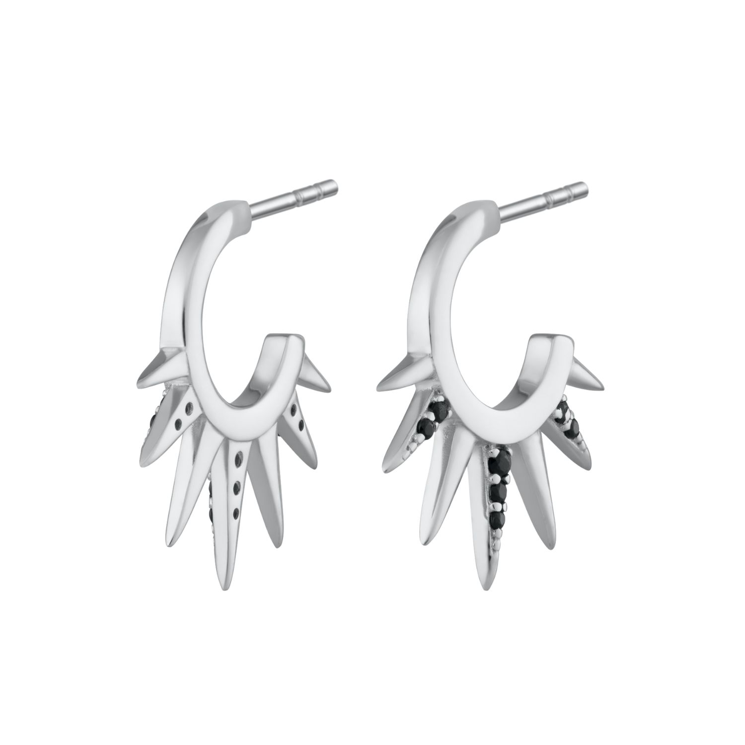 Silver Black Sun Spike Hoop Earrings
