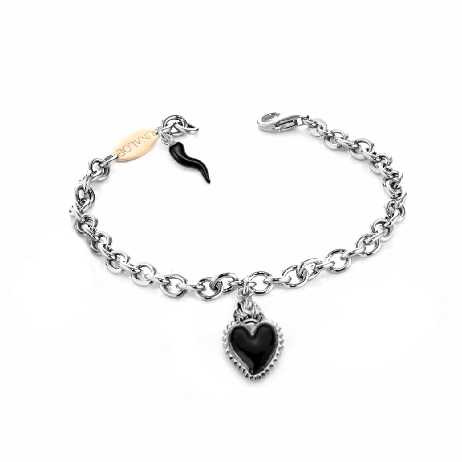 Silver Bracelet With Black Heart Pendants And Horn
