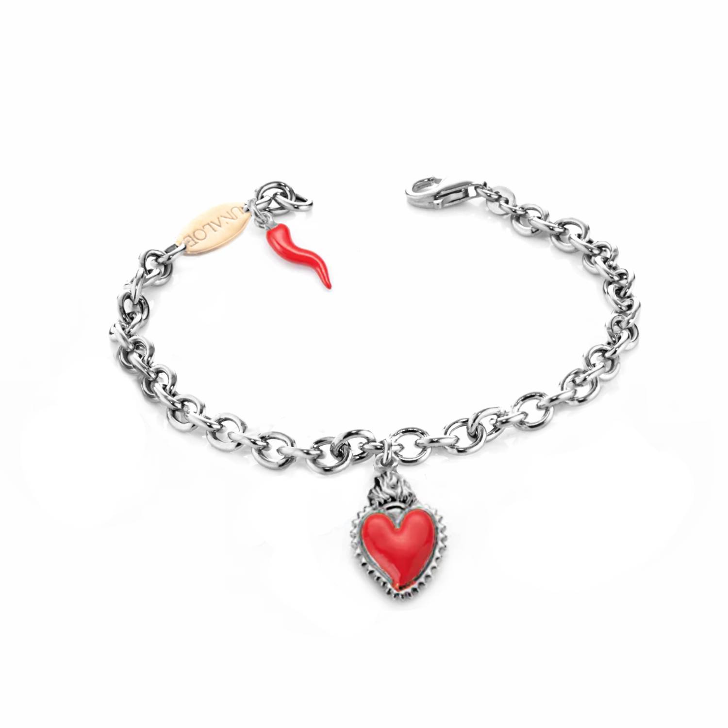 Silver Bracelet With Red Heart Pendants And Horn