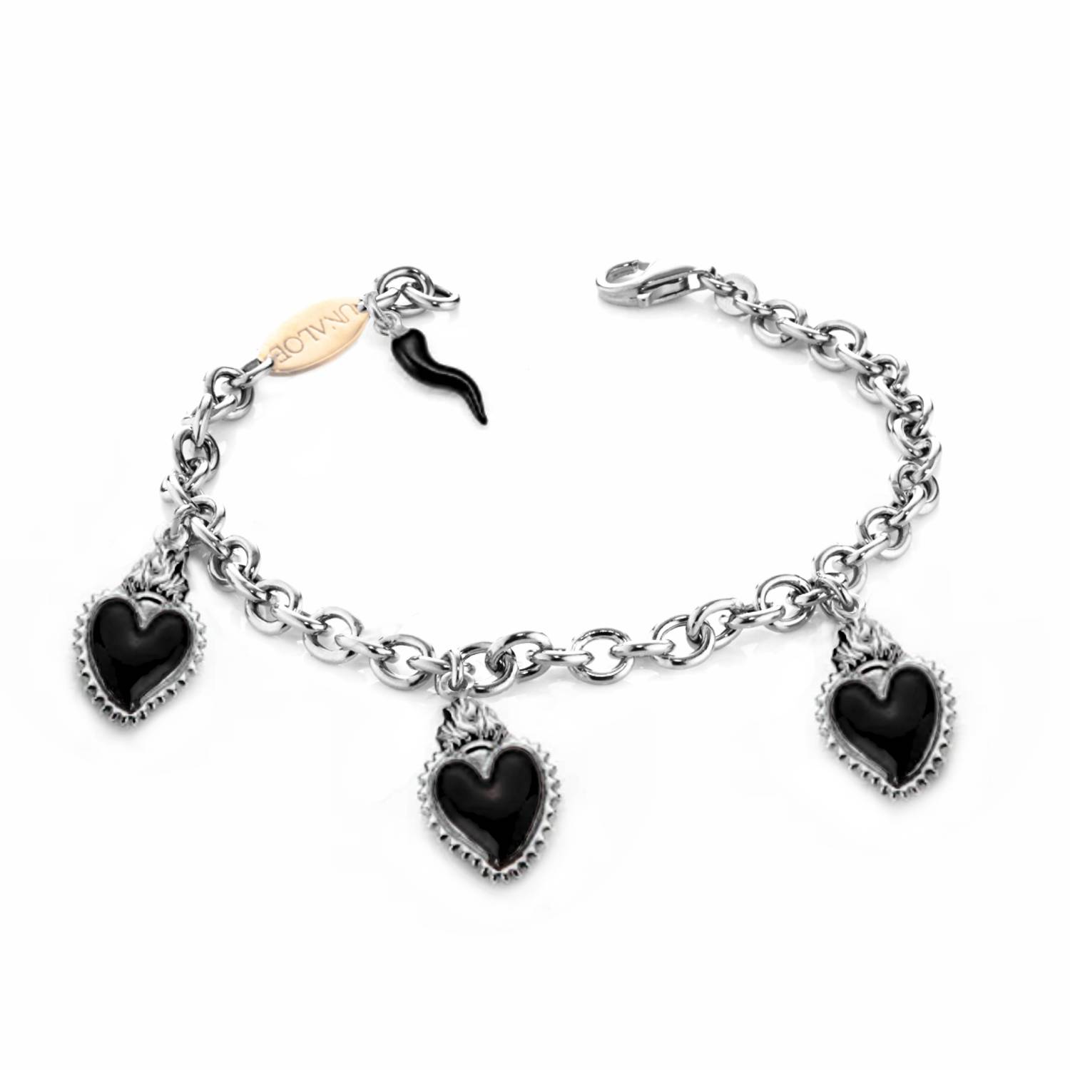Silver Bracelet With Three Black Heart Pendants And Horn