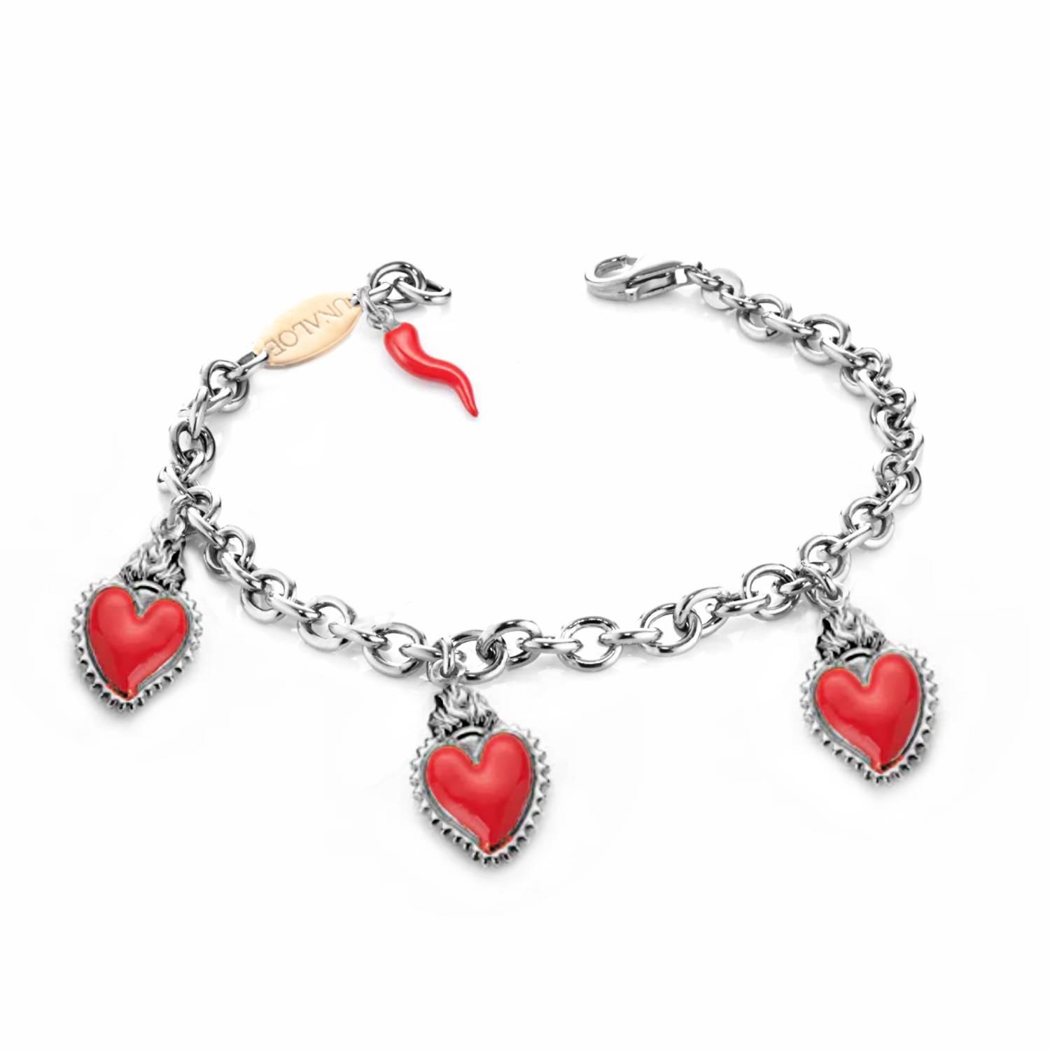 Silver Bracelet With Three Red Heart Pendants And Horn