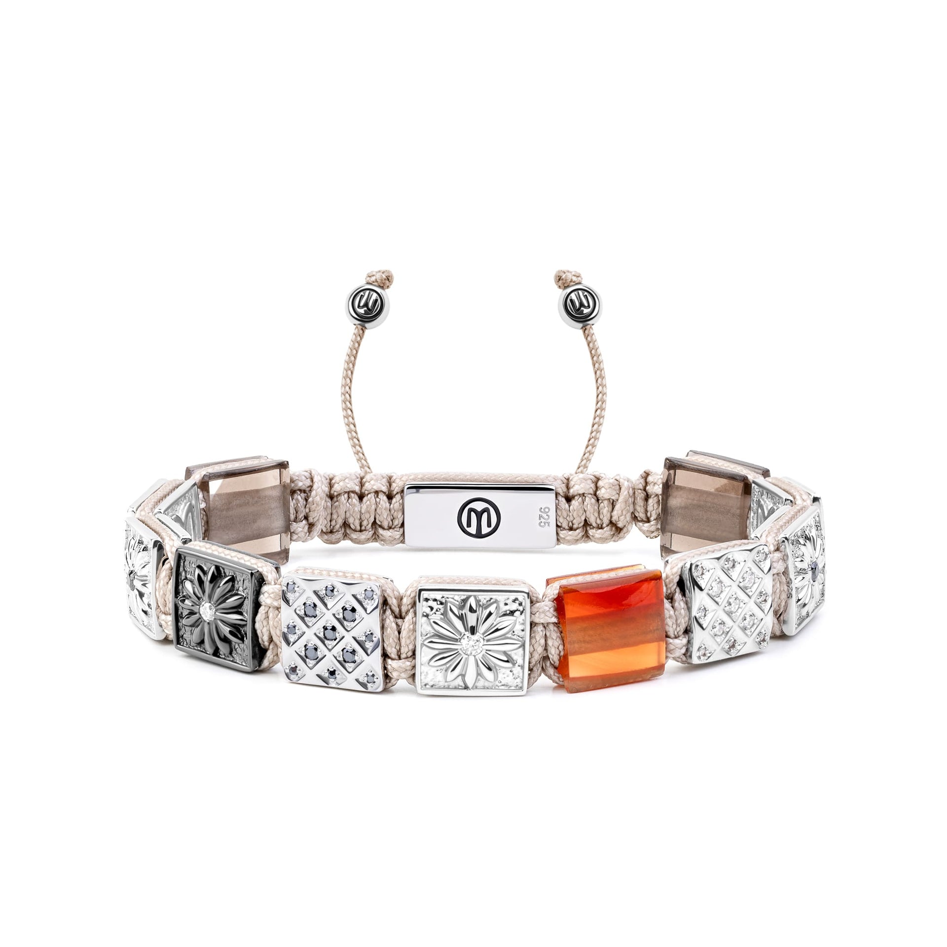 Silver & Carnelian Flat Bead Macrame Bracelet – Beige Braided String