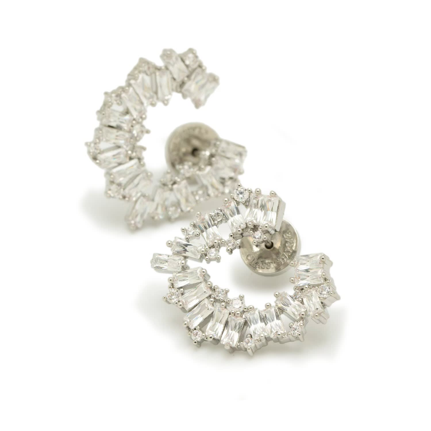 Silver Crescent Baguette Cz Stud Earrings