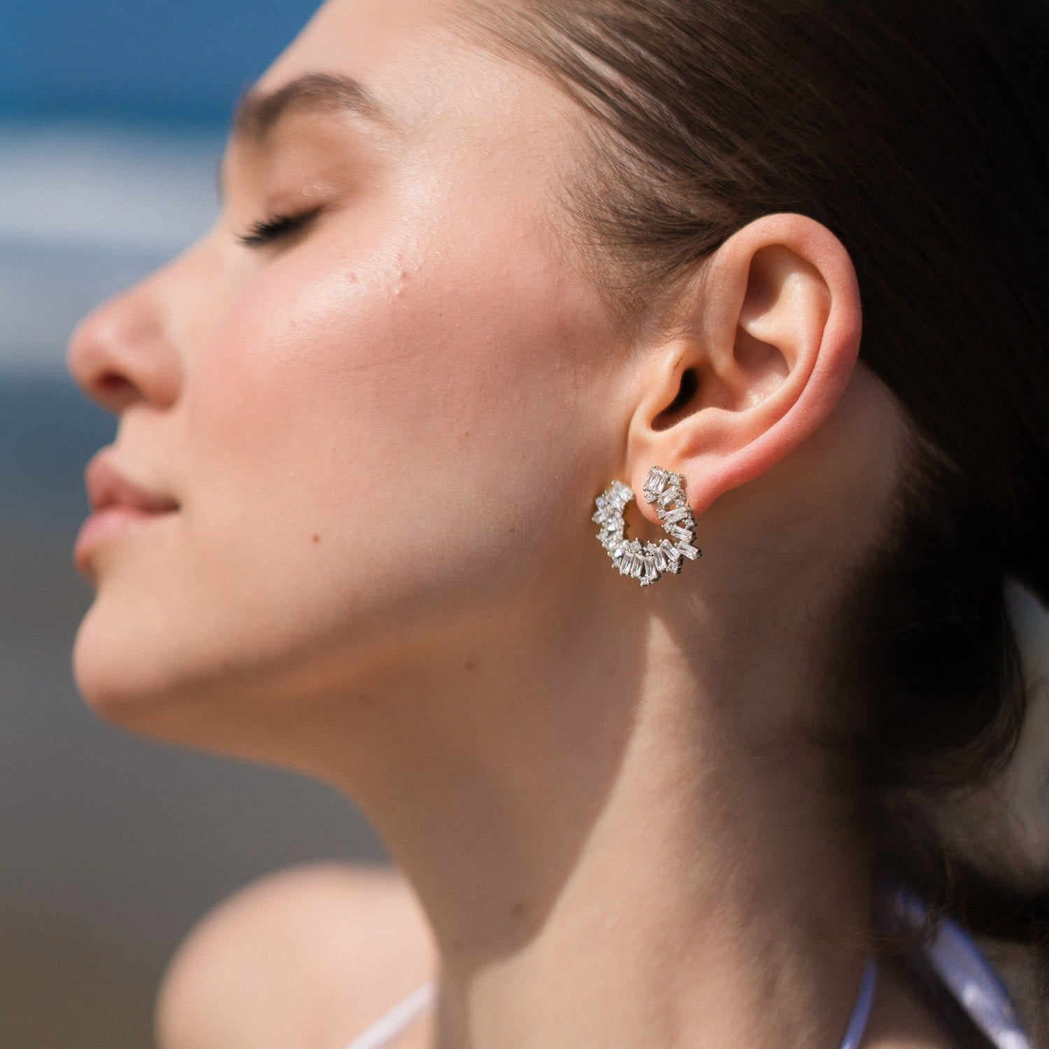 Silver Crescent Baguette Cz Stud Earrings