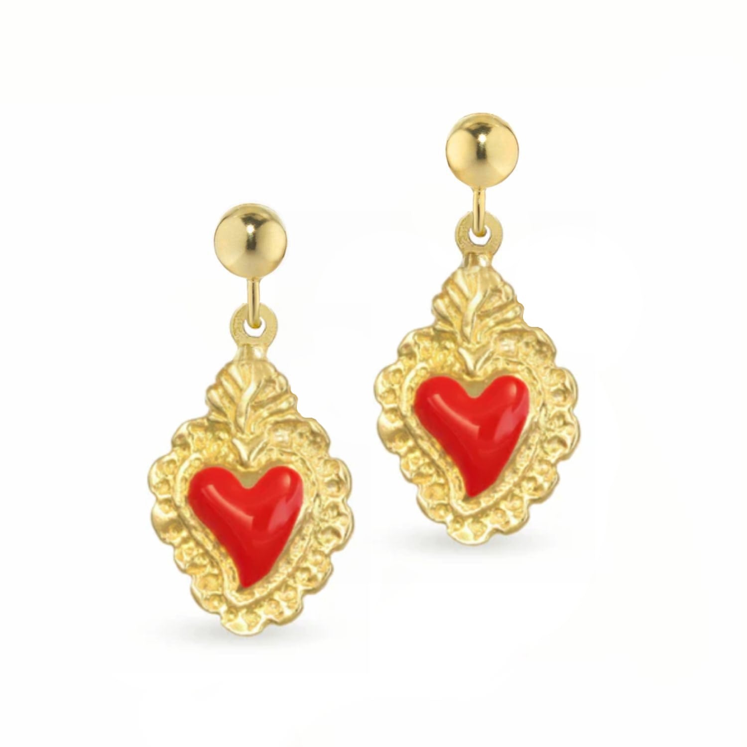 Silver Earrings With A Sacred Heart Pendant In Red Enamel And Gold Plated