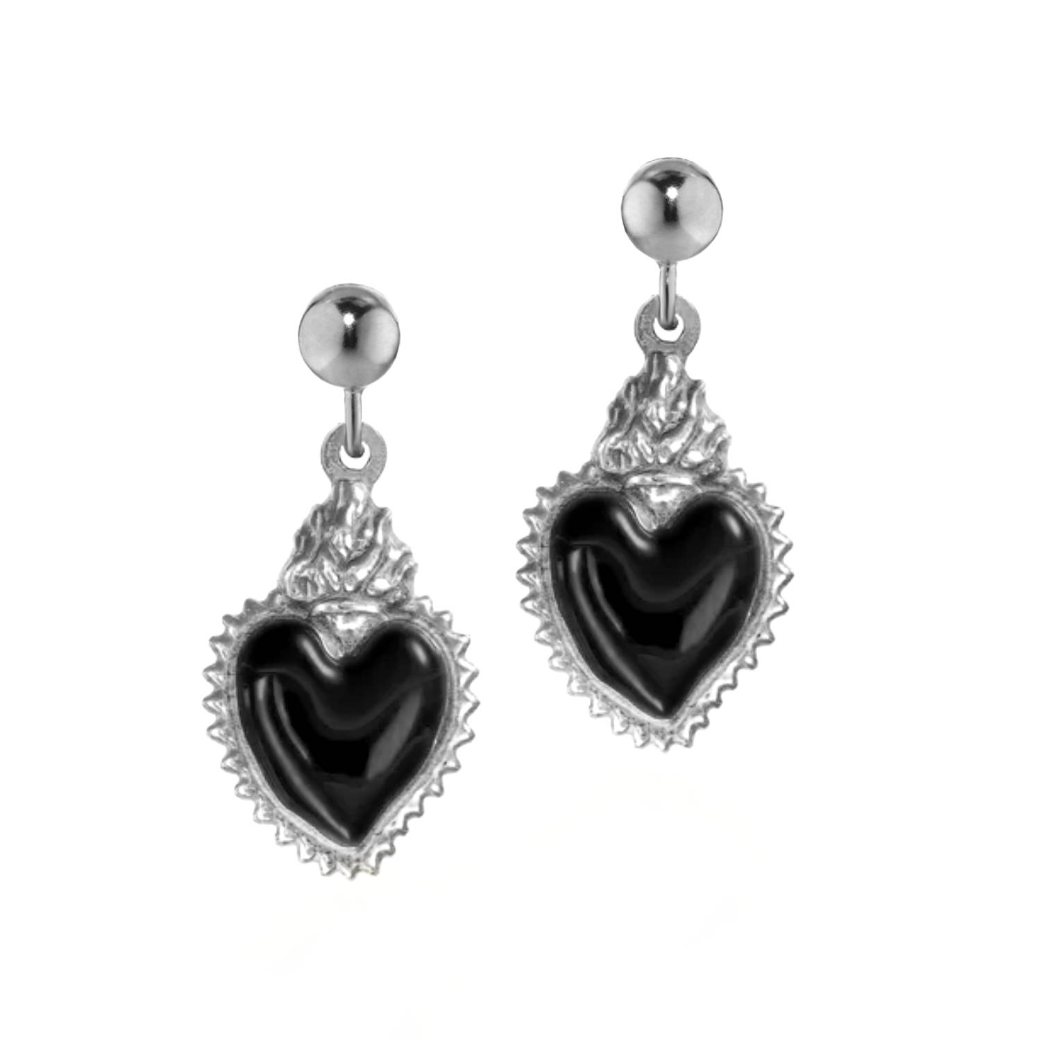 Silver Earrings With Black Heart Pendant