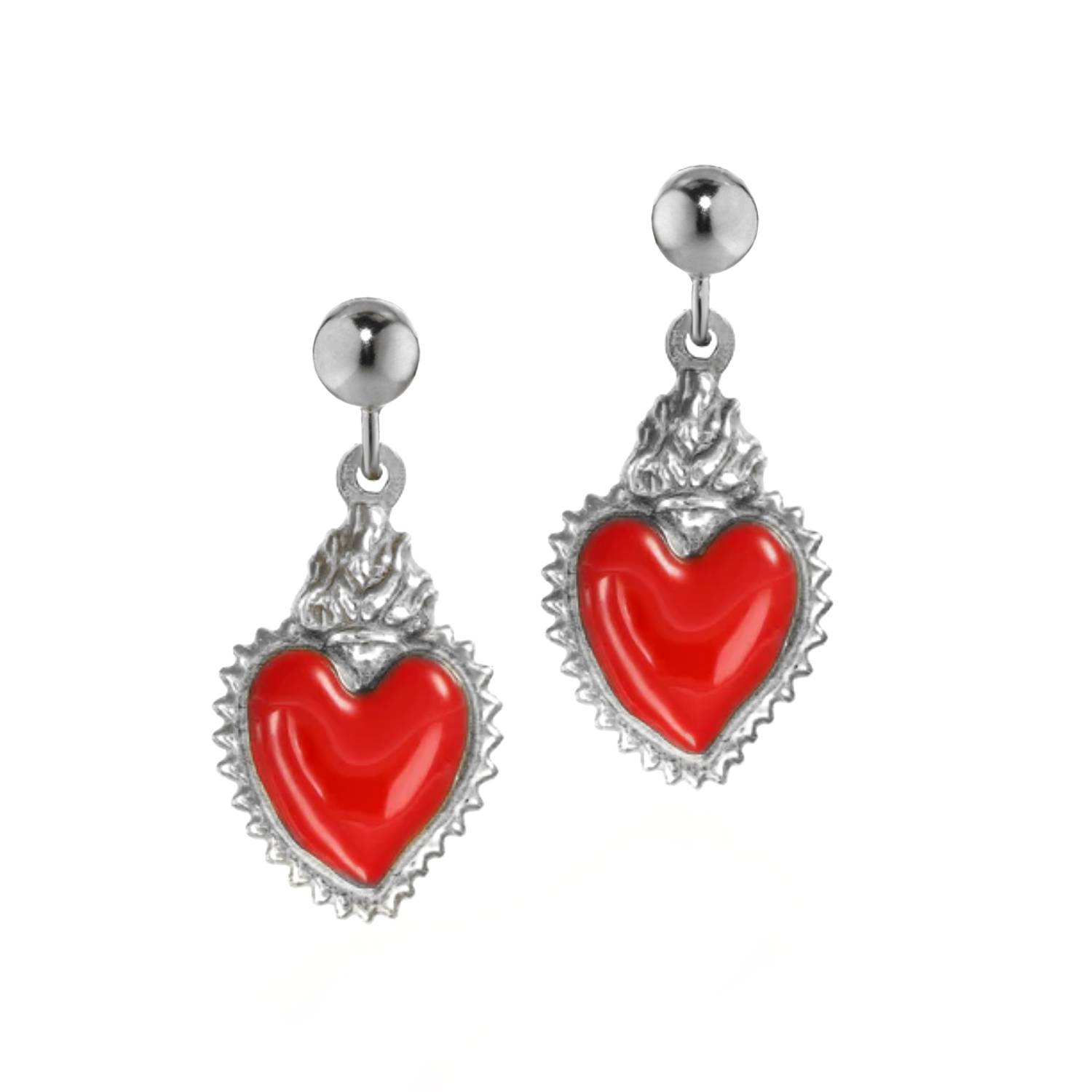 Silver Earrings With Red Heart Pendant