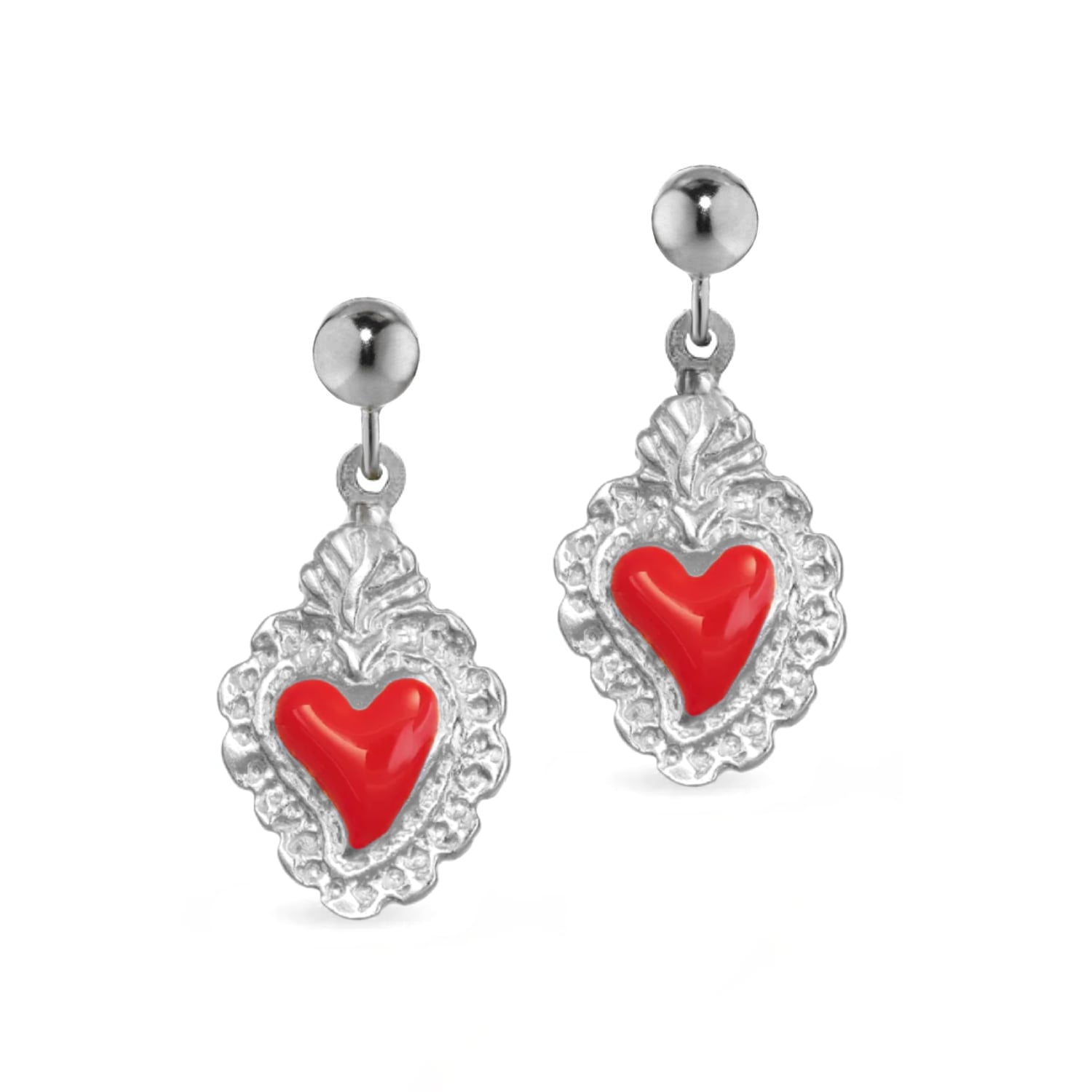 Silver Earrings With Red Sacred Heart Pendant
