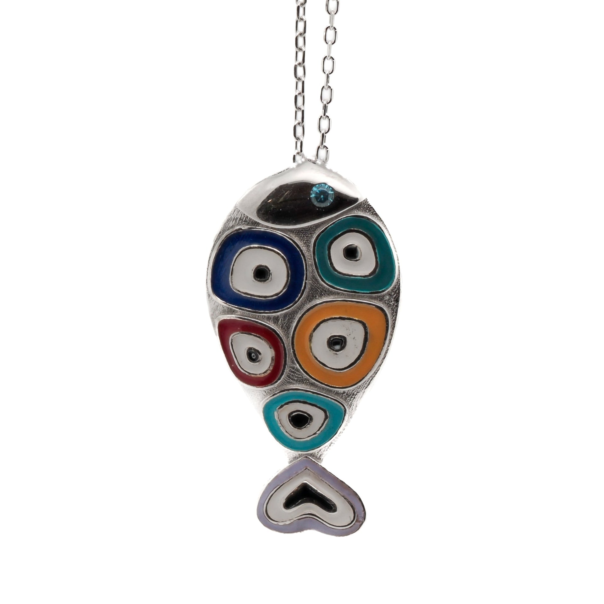 Silver Evil Eye Fish Necklace - Silver