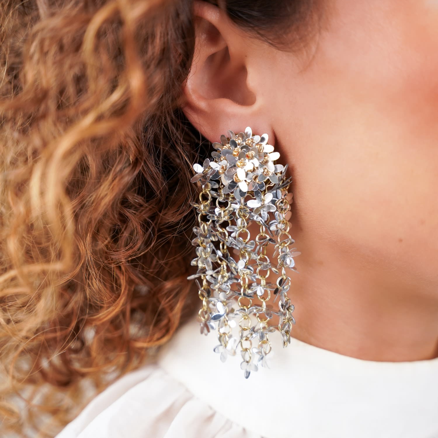 Silver Sequin Flower Rain Earrings