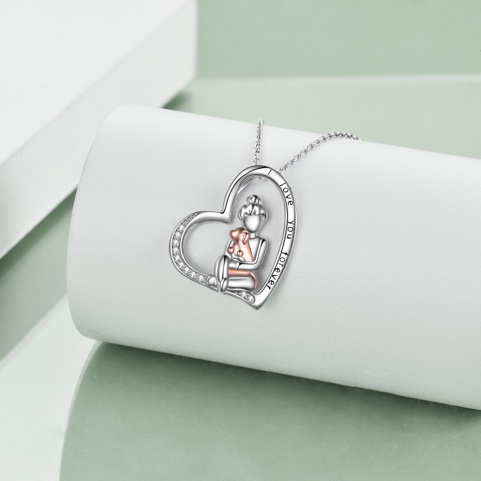 Sterling Silver Two-tone Dog & Girl Engraved Necklace for Women