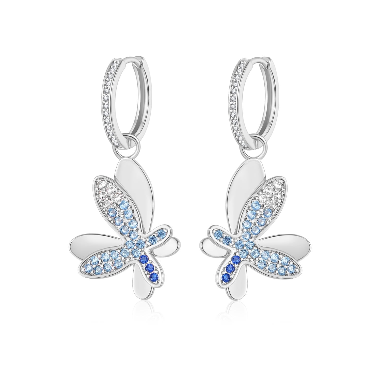 Silver Gradient Blue Pavé Diamond Butterfly Dangle Drop Hoop Earrings