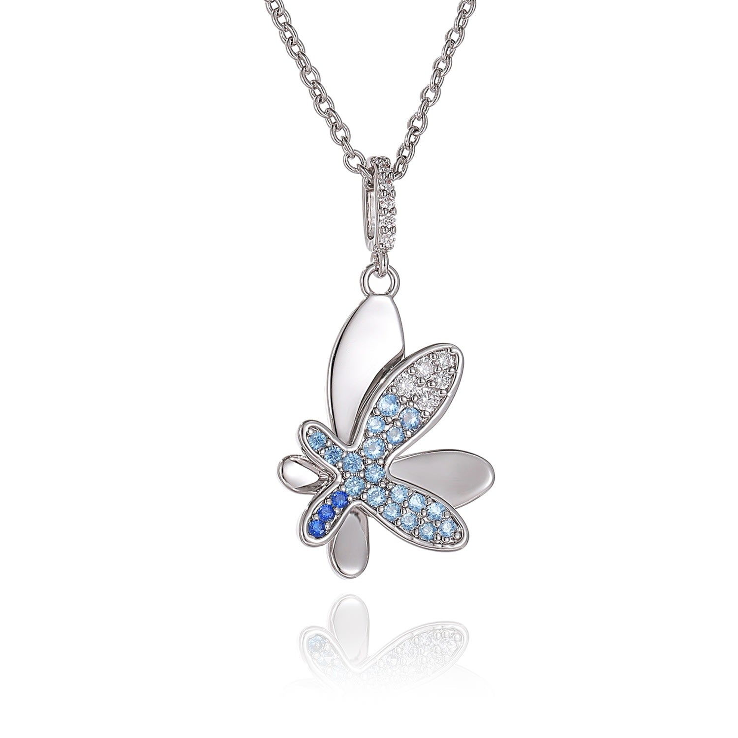 Silver Gradient Blue Pavé Diamond Butterfly Pendant Necklace