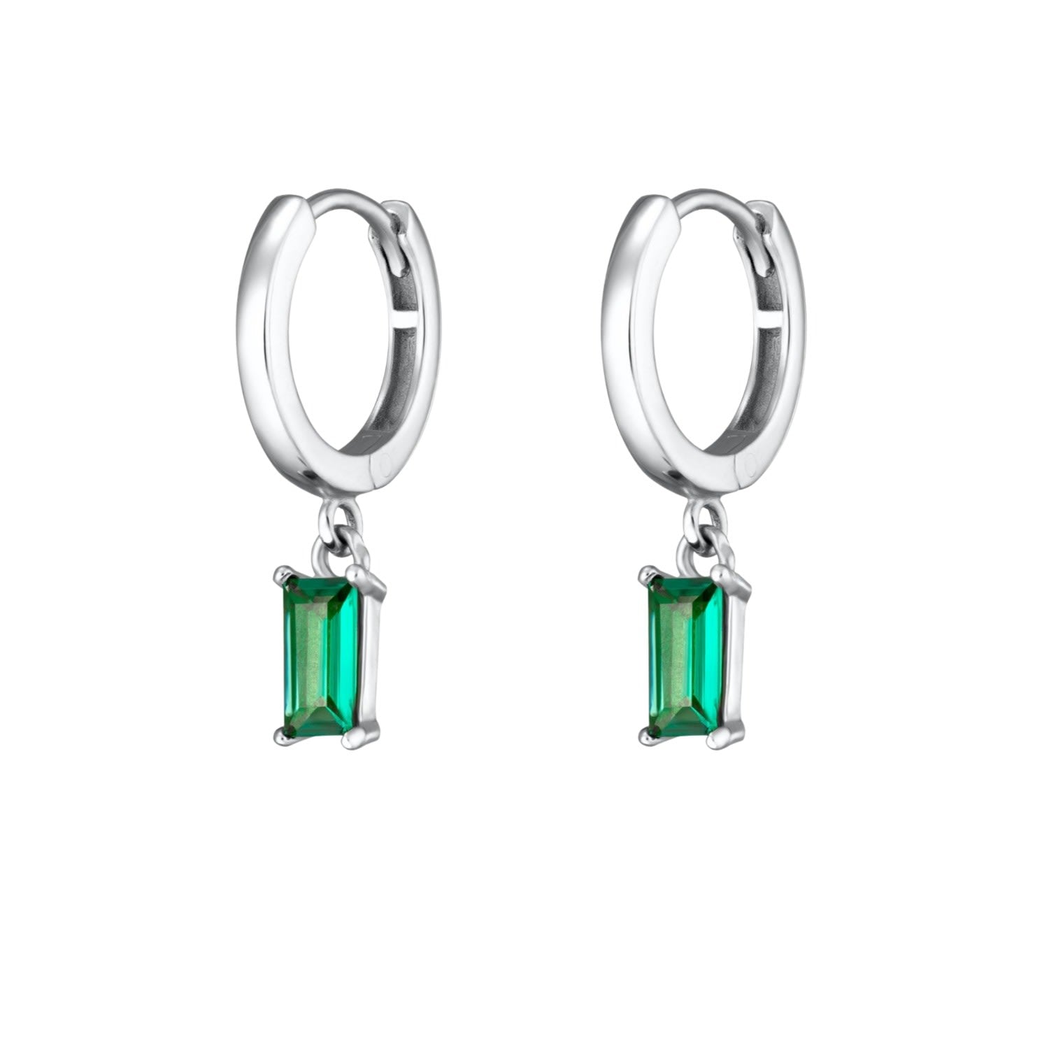 Silver Green Baguette Charm Hoop Earrings