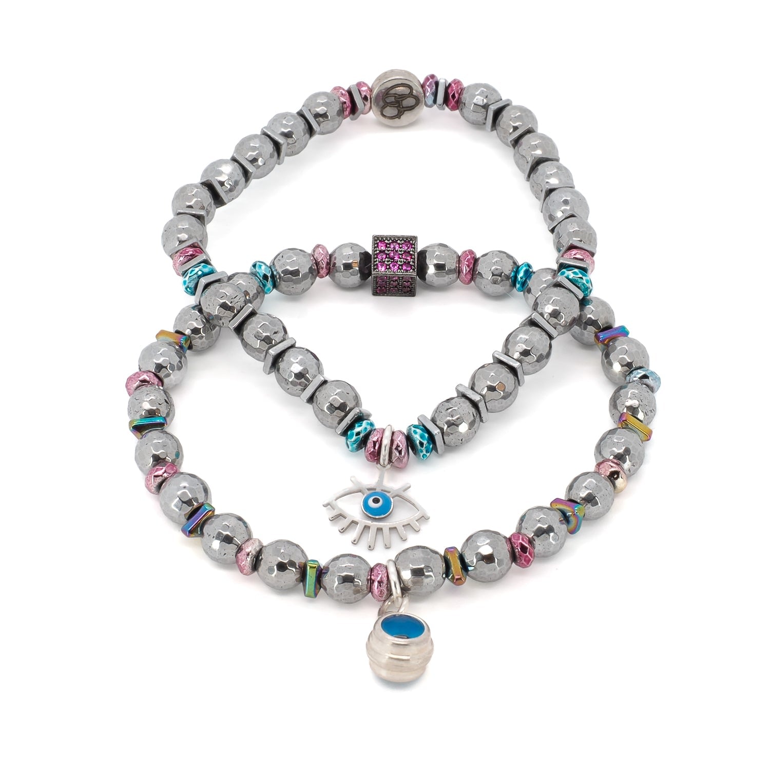 Silver Hematite Stone Beaded Blue Evil Eye Bracelet Set - Silver