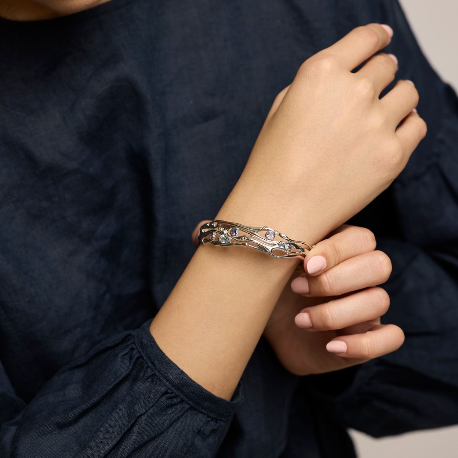 Silver Hinged Bangle With Blue Topaz, Iolite & Amethyst