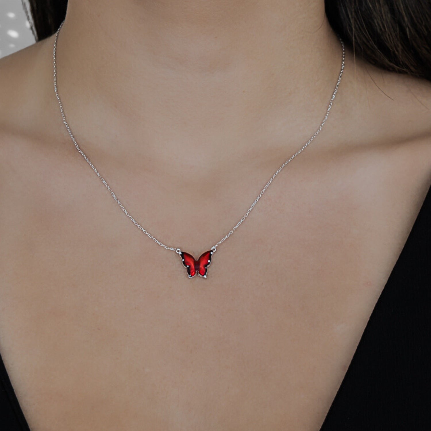 Silver Joy Red Enamel Butterfly Necklace - Red