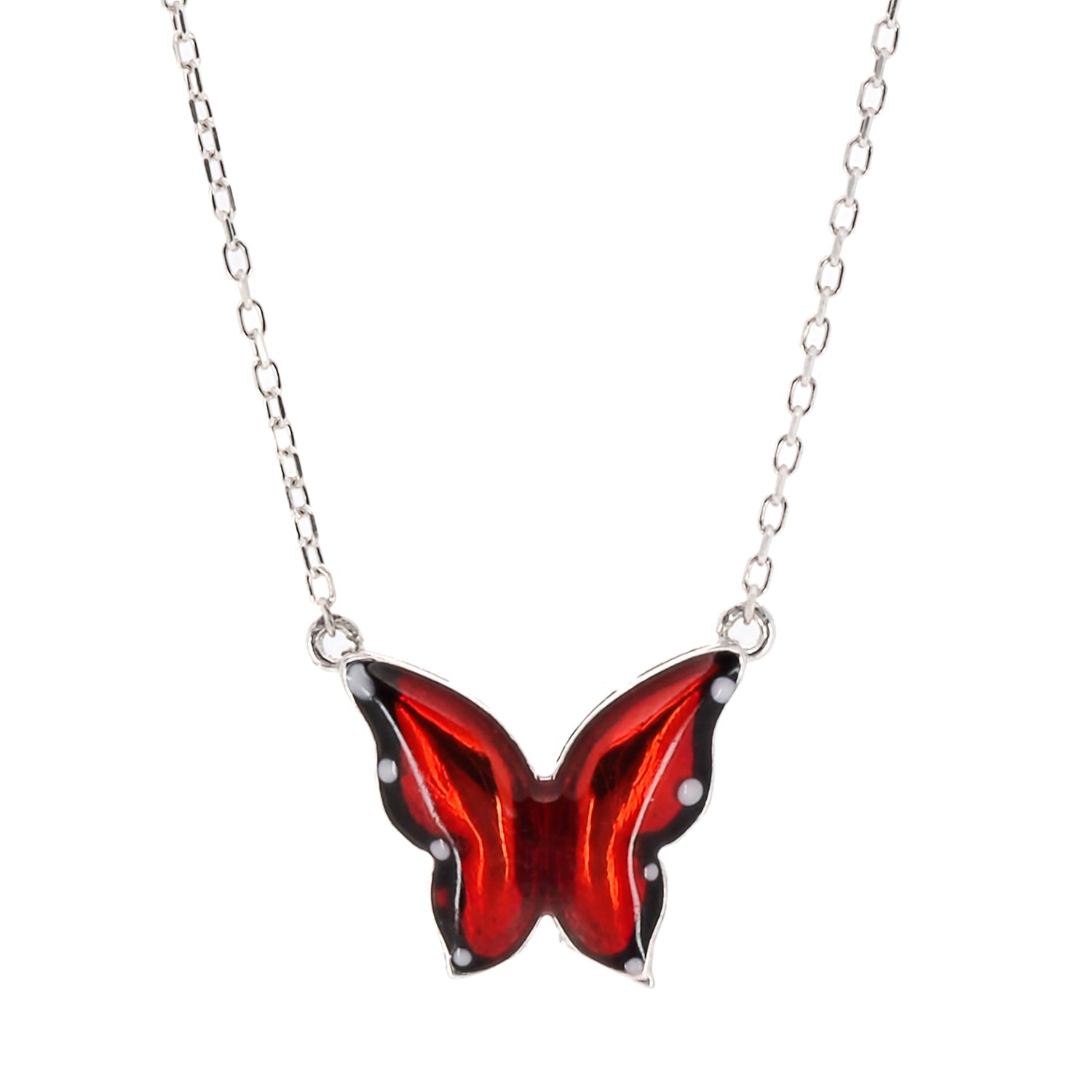 Silver Joy Red Enamel Butterfly Necklace - Red