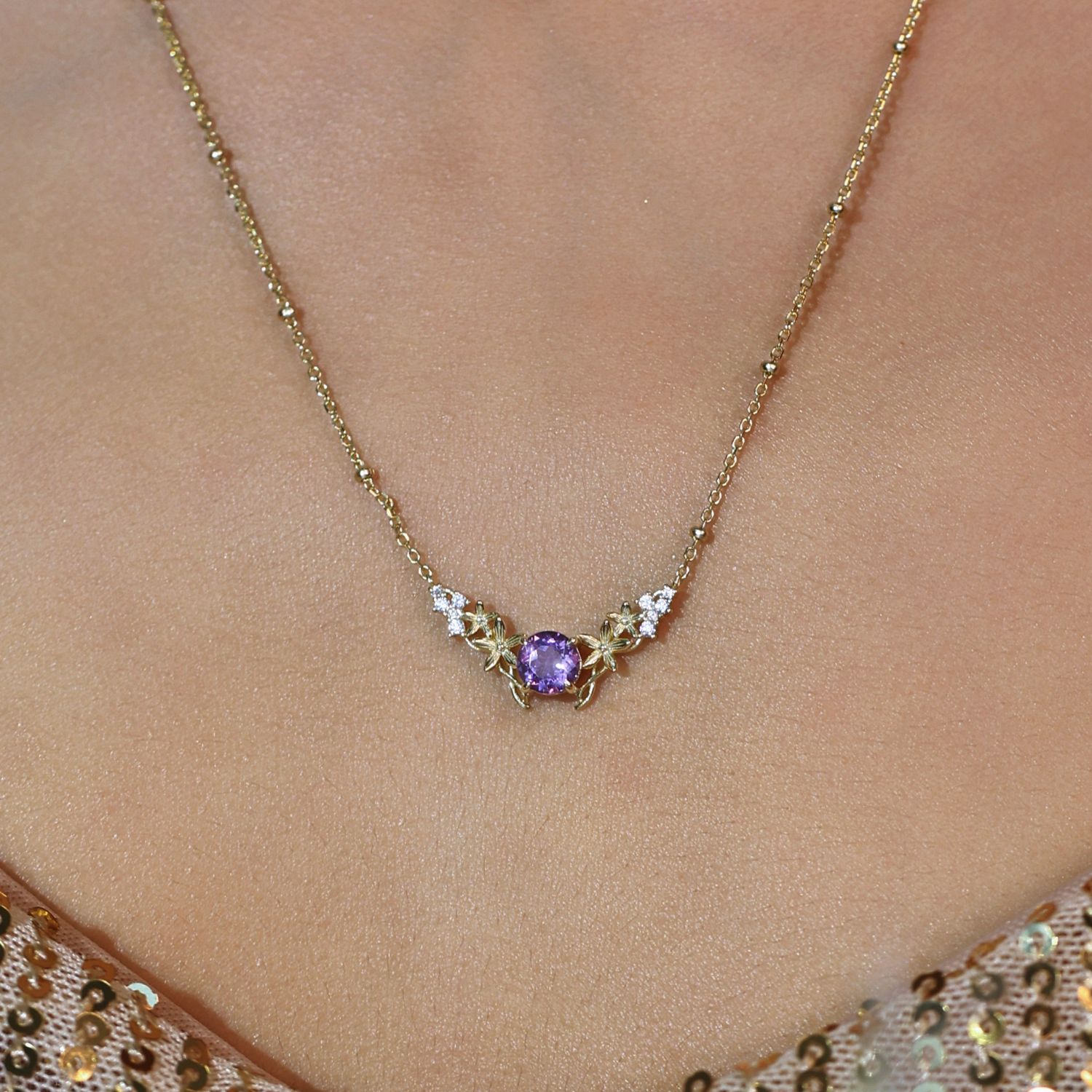 Silver Leaf Amethyst Necklace Yellow Gold Vermeil