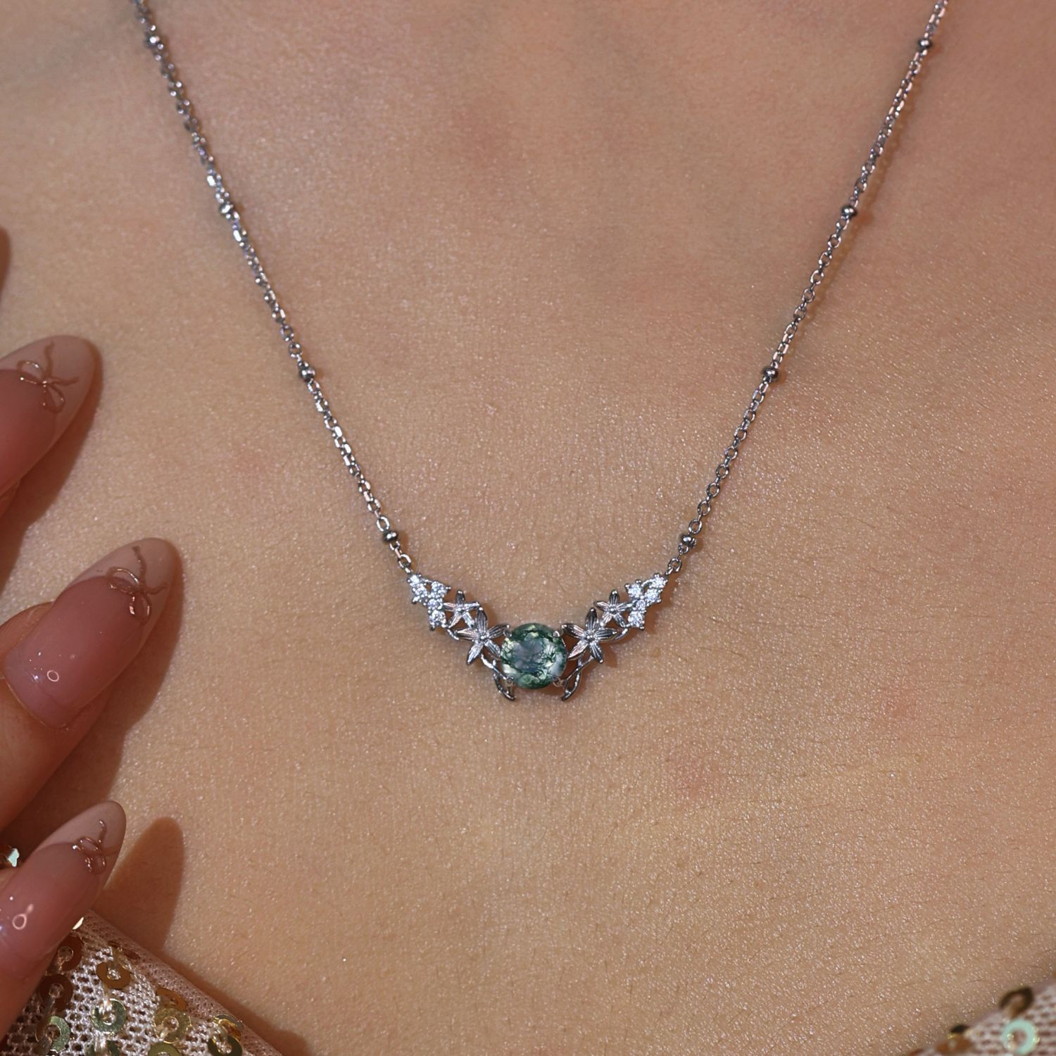 Silver Leaf Moss Agate Necklace White Gold Vermeil