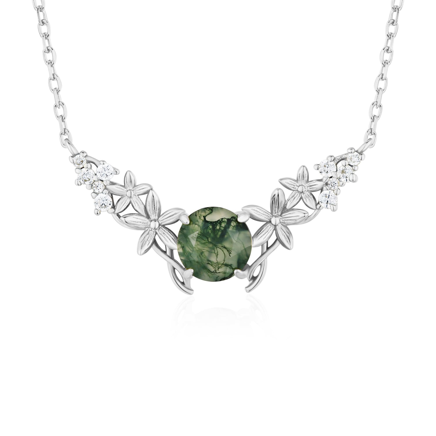Silver Leaf Moss Agate Necklace White Gold Vermeil