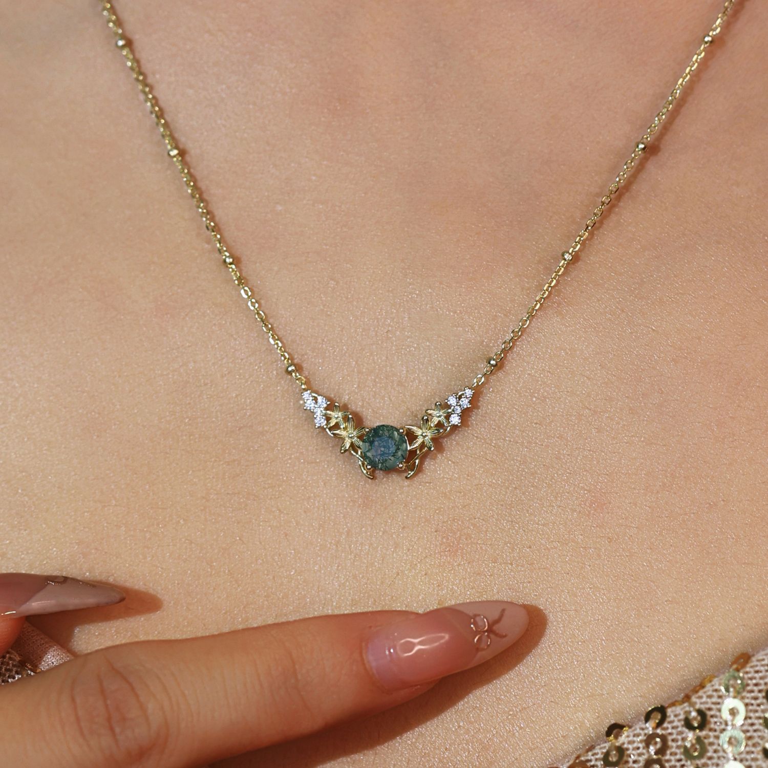 Silver Leaf Moss Agate Necklace Yellow Gold Vermeil