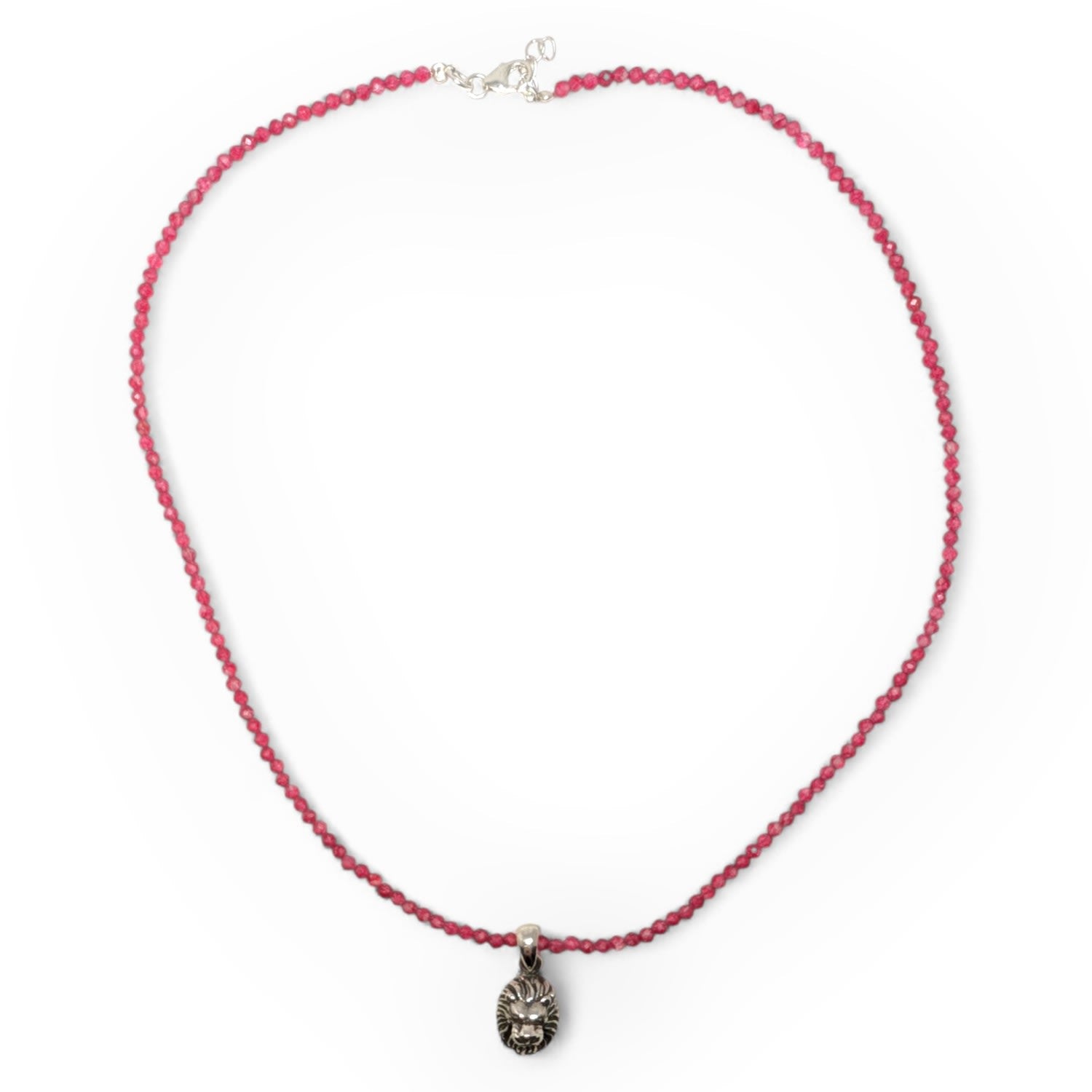 Silver Lion Pendant Pink Tourmaline Bead Necklace