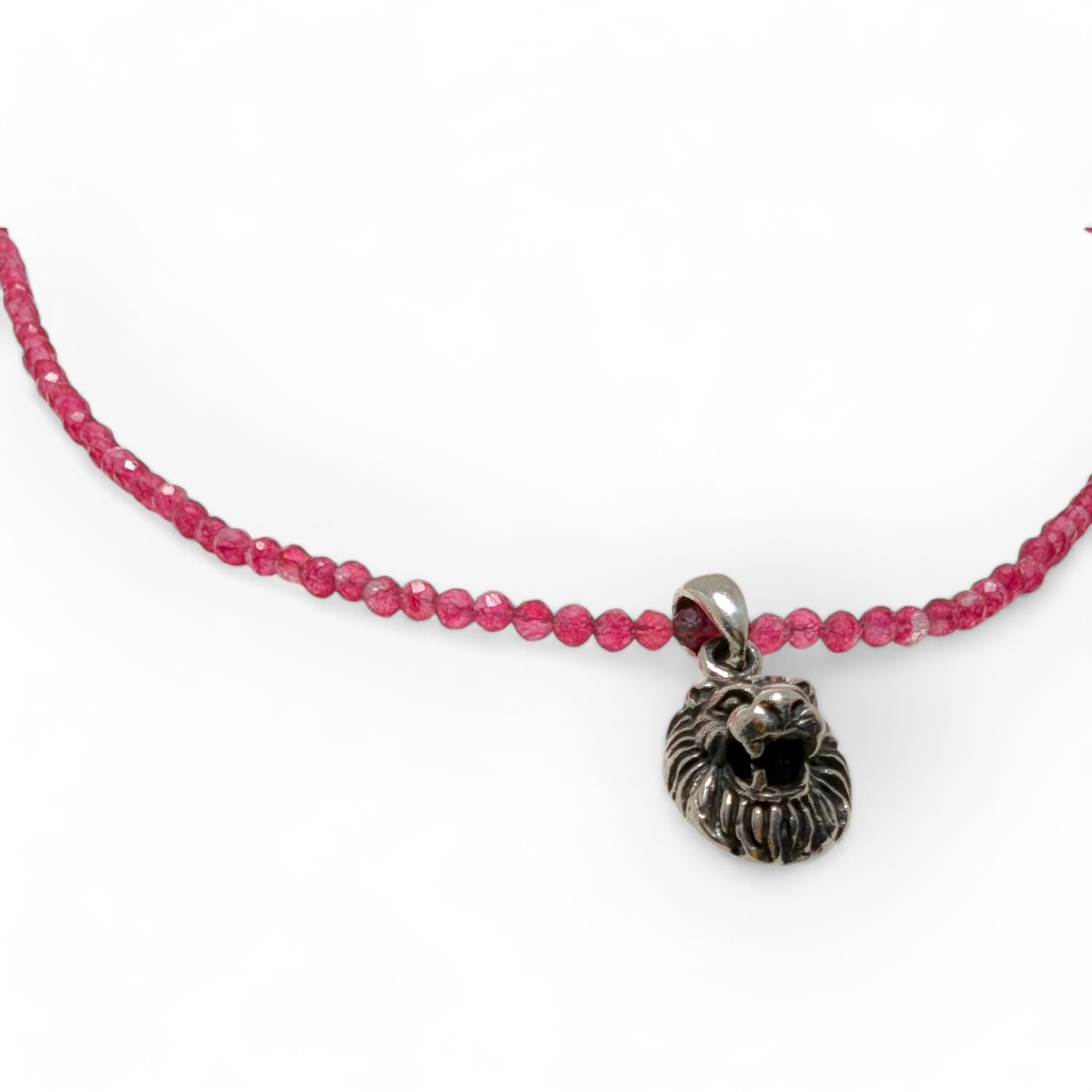 Silver Lion Pendant Pink Tourmaline Bead Necklace