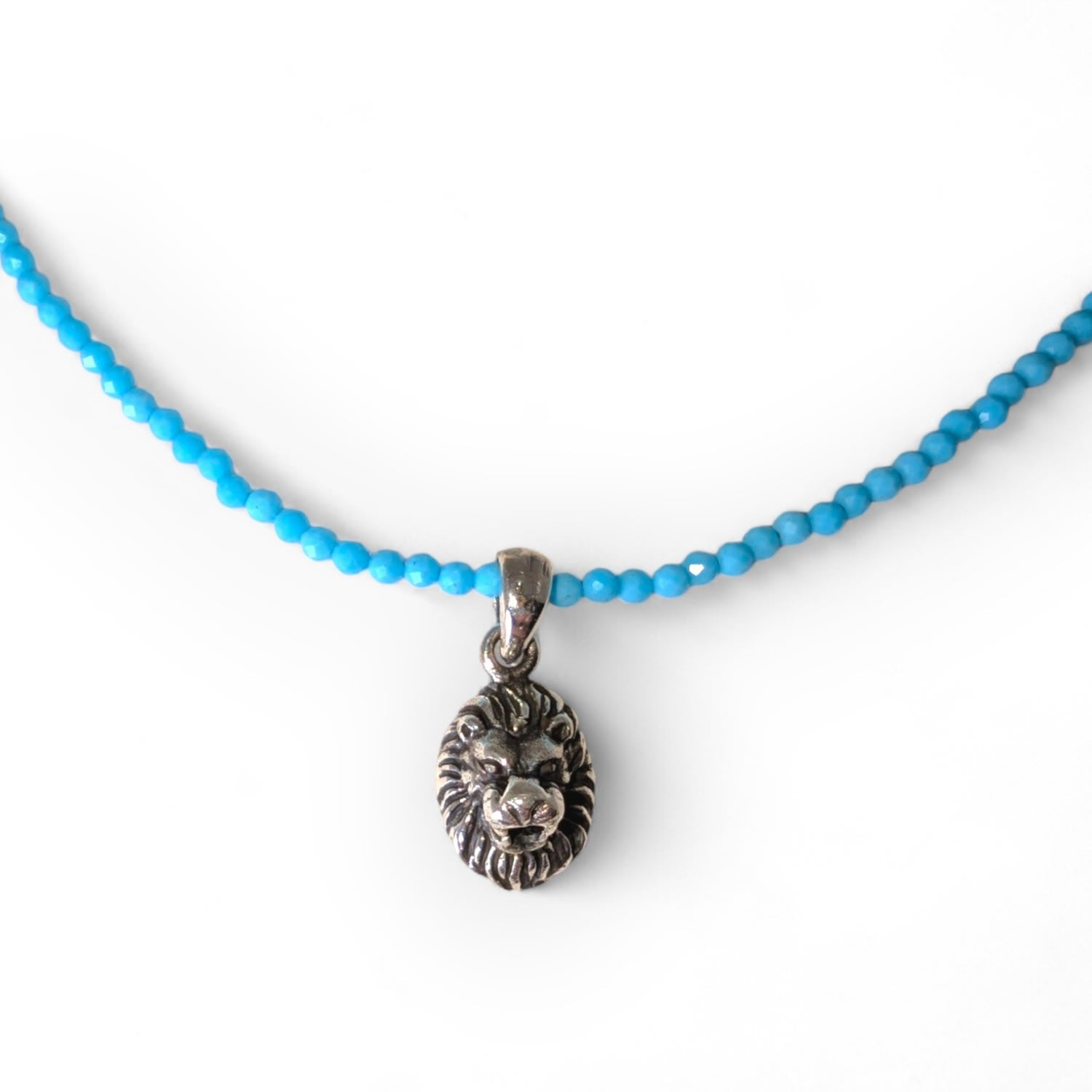 Silver Lion Pendant Turquoise Bead Necklace