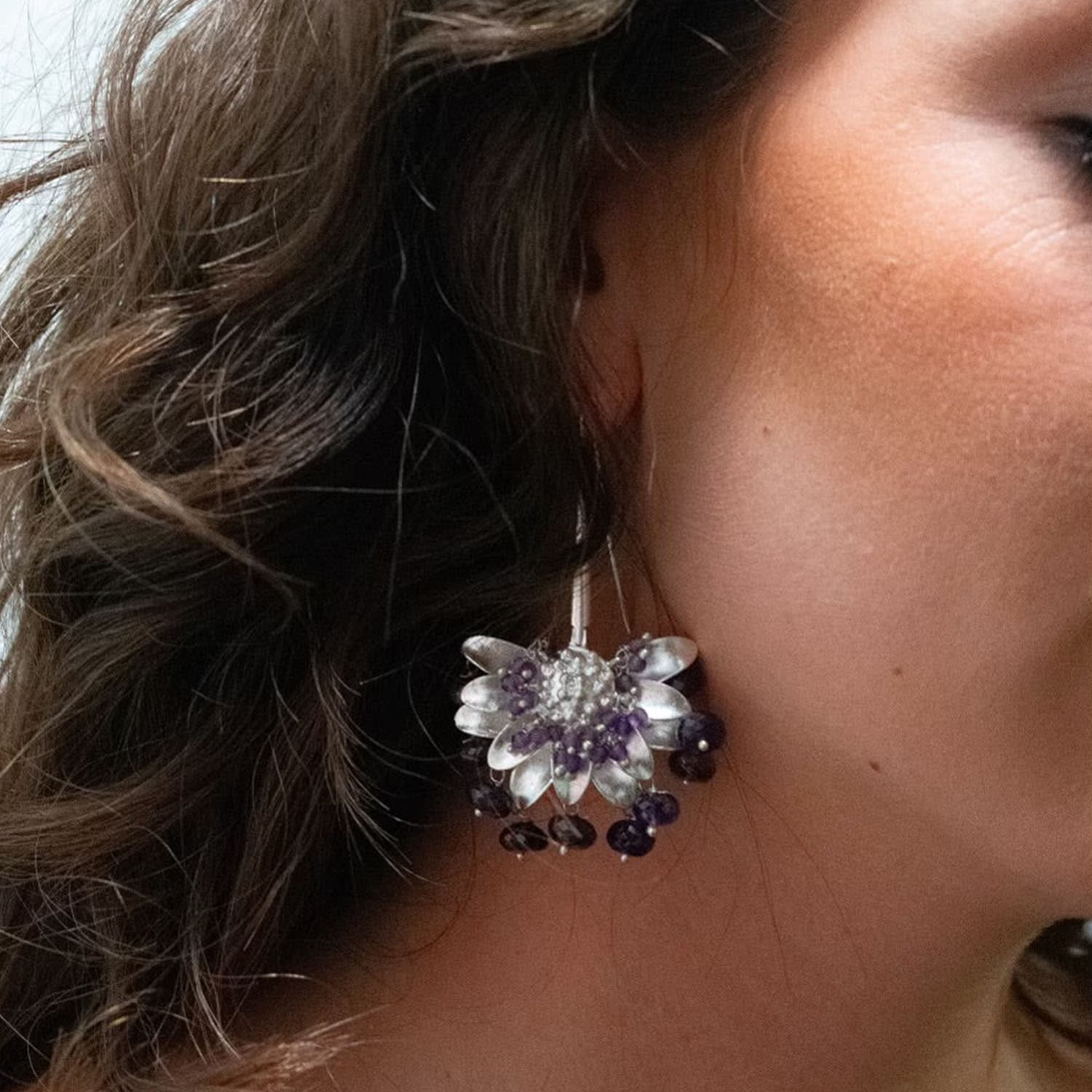 Silver Lotus Drop Earring