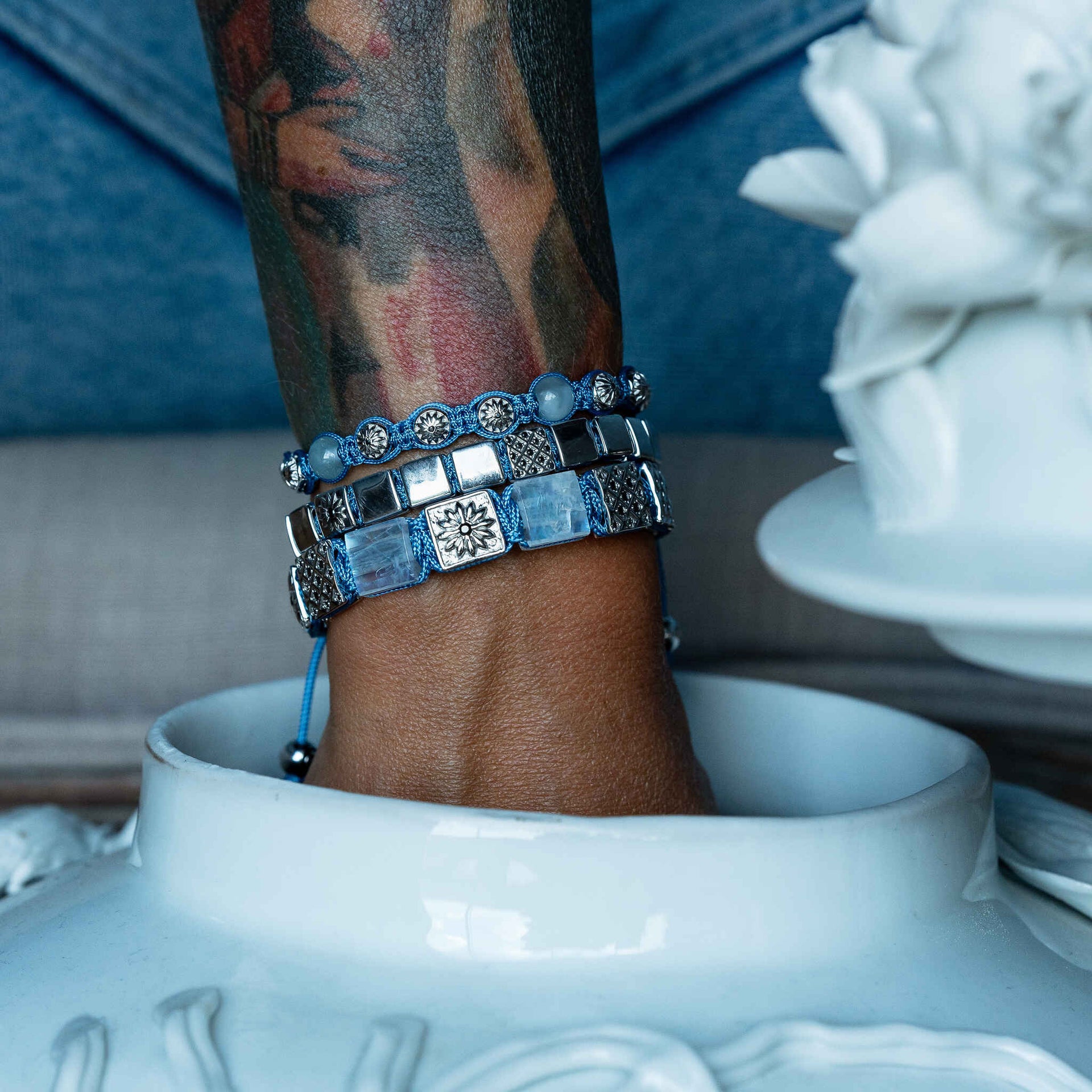 Silver Macrame Bracelet With Black Moissanite & Sky Blue String