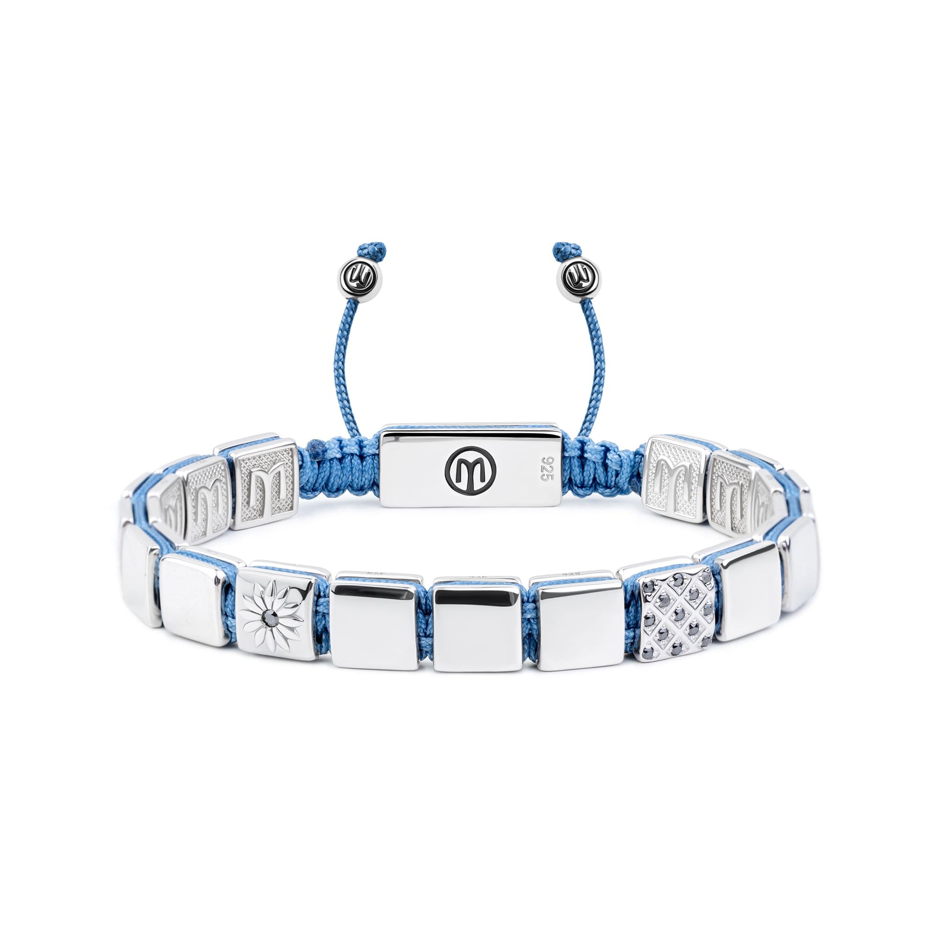 Silver Macrame Bracelet With Black Moissanite & Sky Blue String