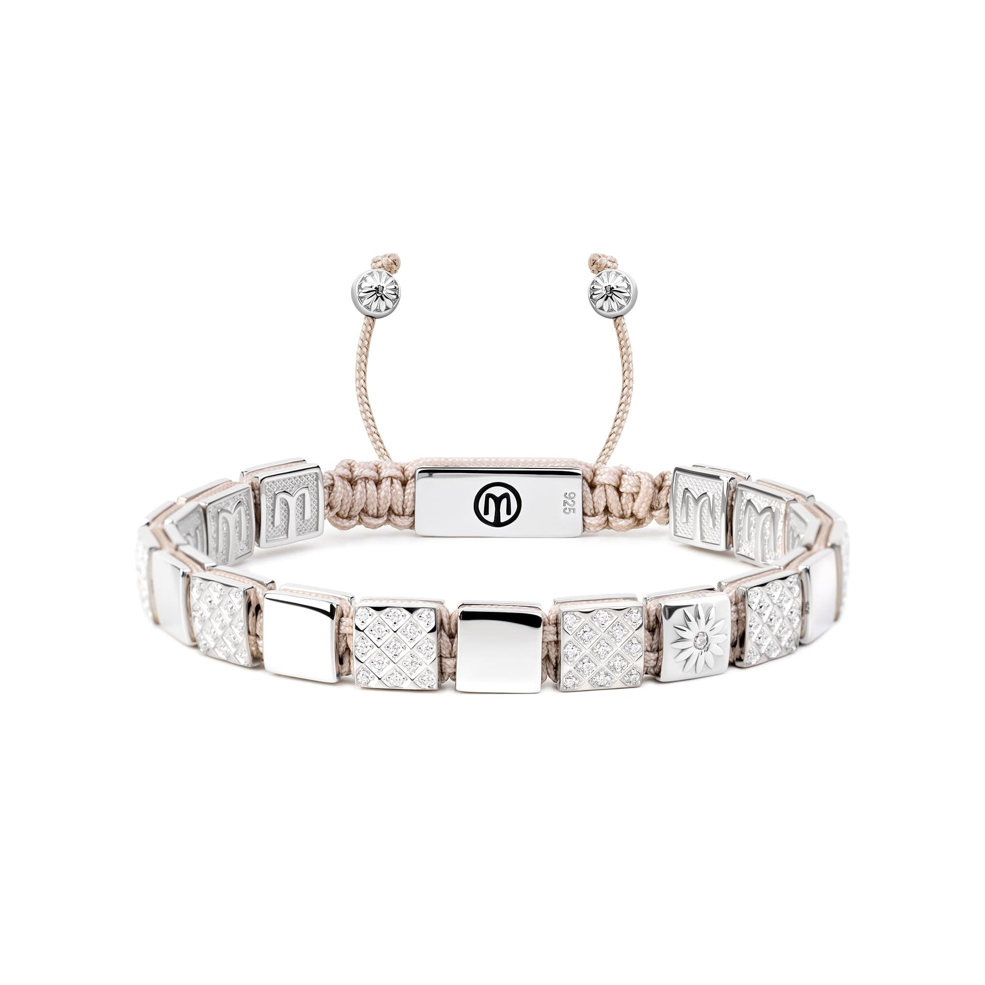 Silver Macrame Bracelet With Light Beige String & White Moissanites