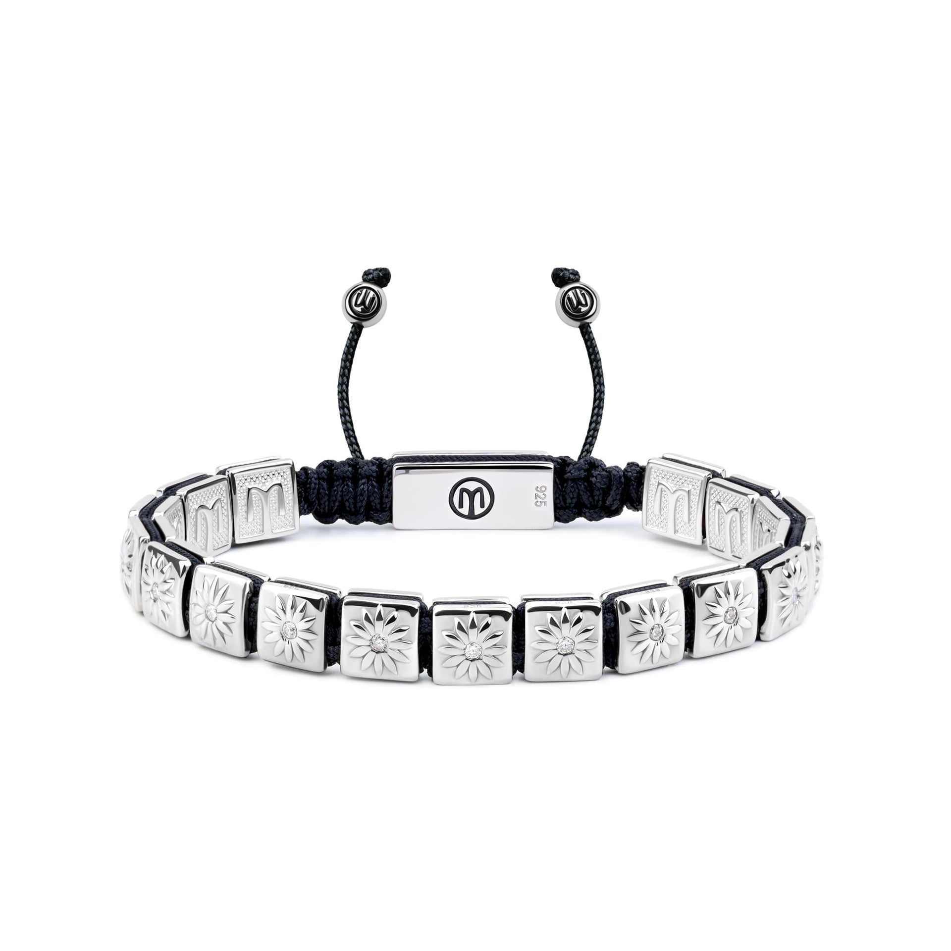 Silver Macrame Bracelet With White Moissanite & Black String - The Sun Worshipper