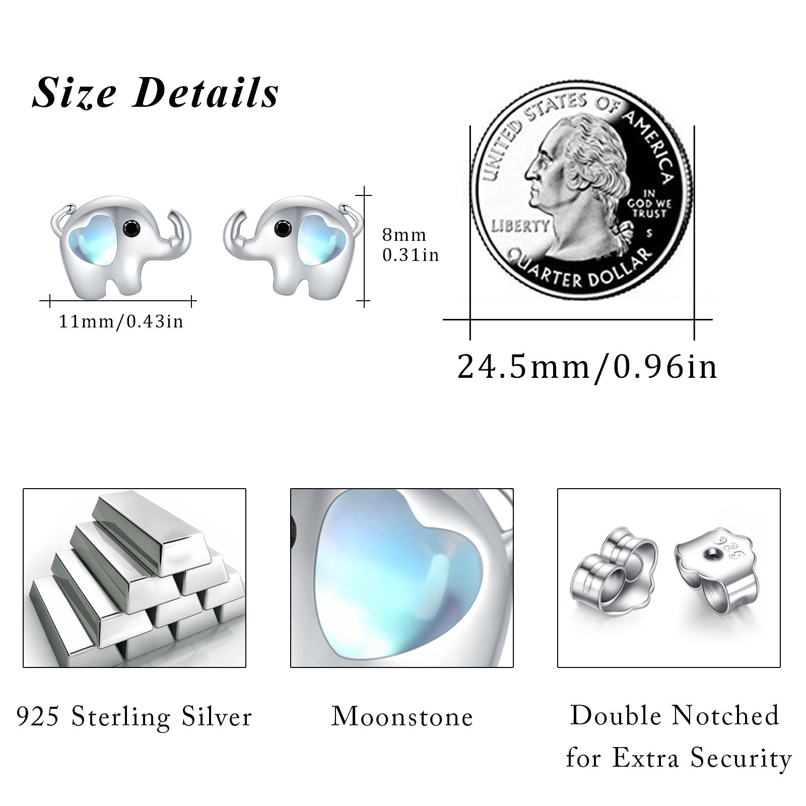 Sterling Silver Moonstone Elephant Stud Earrings