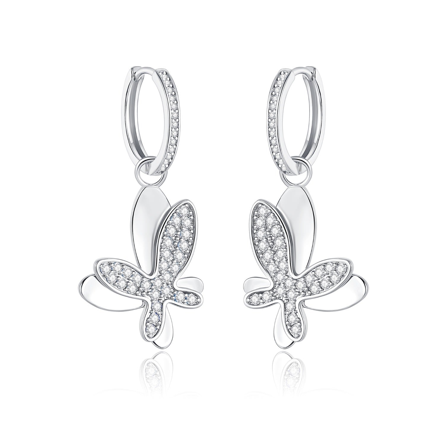 Silver Pavé Diamond Butterfly Dangle Drop Hoop Earrings