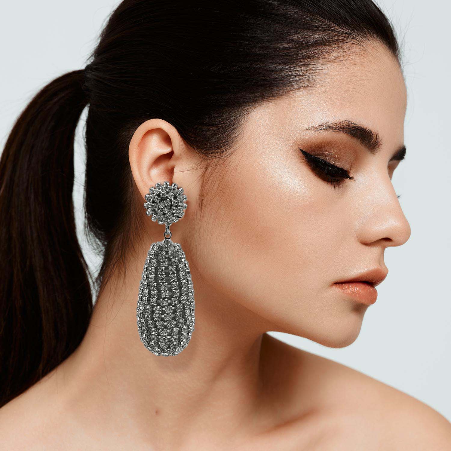 Silver Plated Rhinestone Covered Resin Teardrop Resin Earrings